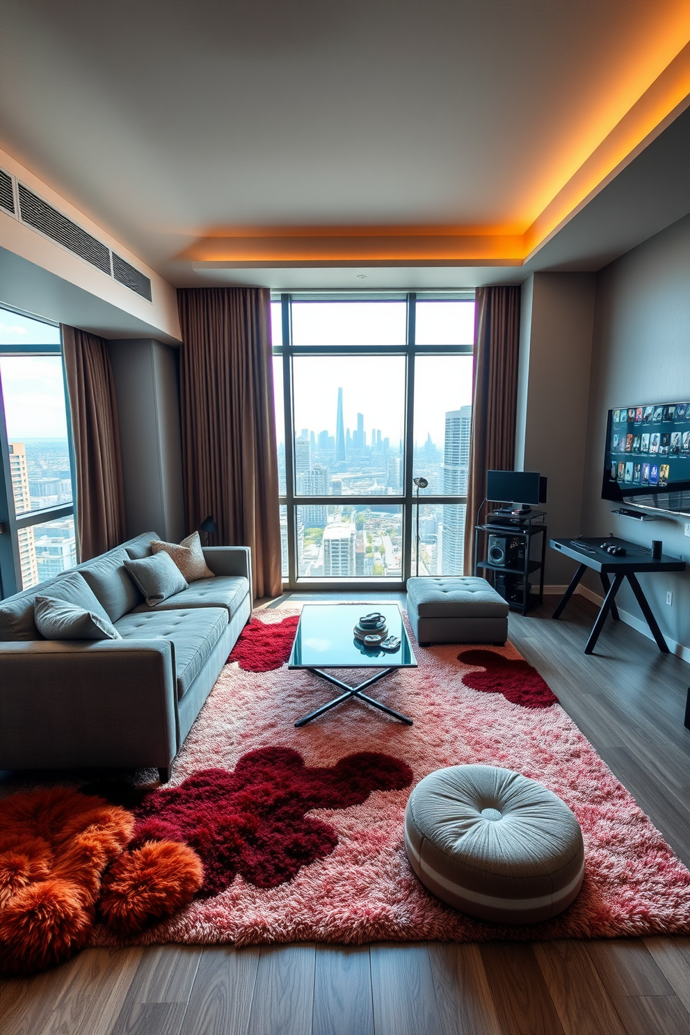 A cozy game room featuring soft rugs that add warmth and comfort to the space. The room includes a stylish sectional sofa, a sleek coffee table, and a large flat-screen TV mounted on the wall. The game area is designed with vibrant colors and modern gaming consoles. Floor-to-ceiling windows provide stunning views of the city skyline, enhancing the highrise atmosphere.