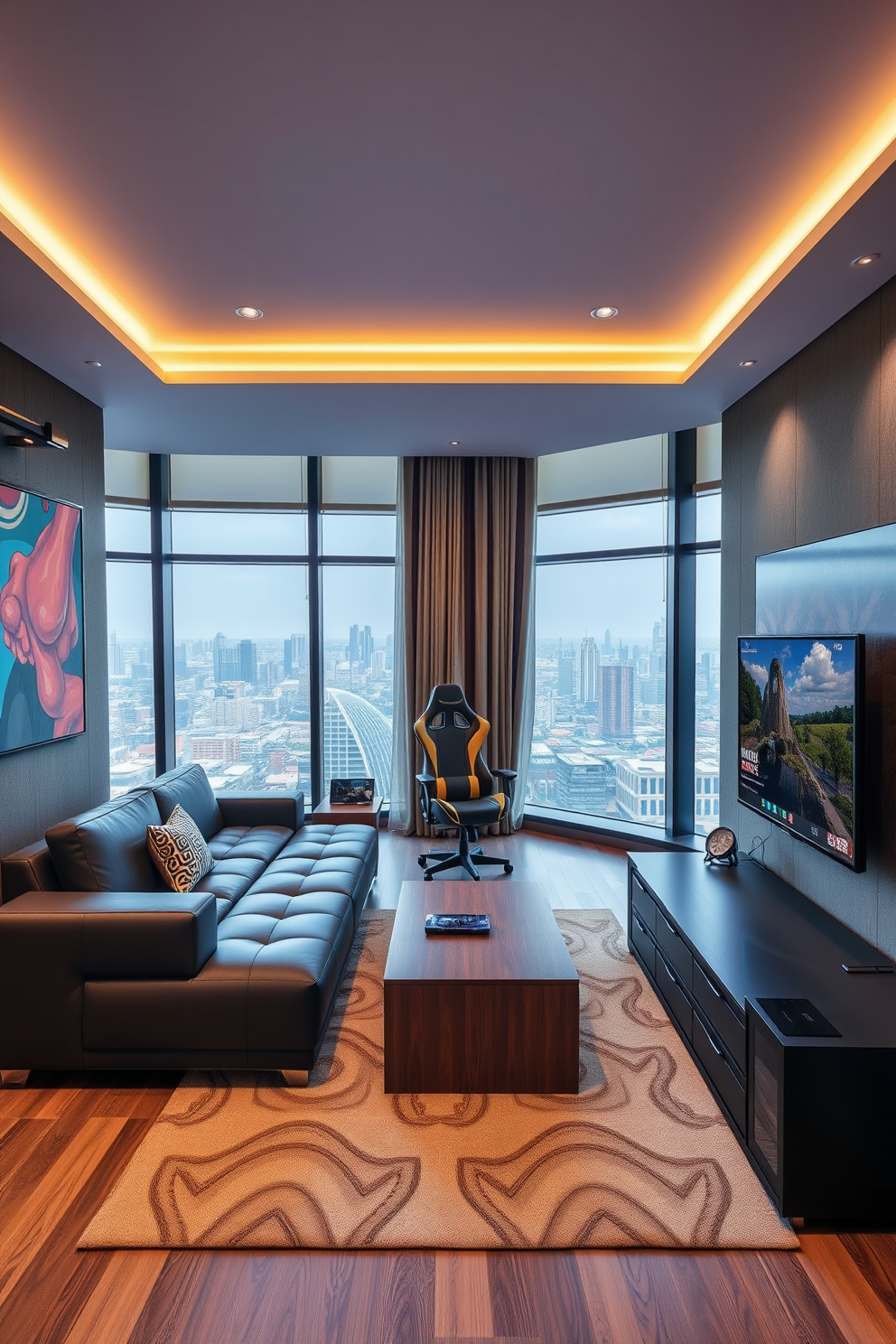 A stylish game room featuring multi-functional furniture that maximizes space and enhances functionality. The room includes a sleek convertible sofa that transforms into a bed, paired with a coffee table that doubles as storage. The walls are adorned with vibrant artwork, and large windows provide panoramic views of the city skyline. A dedicated gaming corner features a contemporary gaming chair and a wall-mounted screen for an immersive experience.