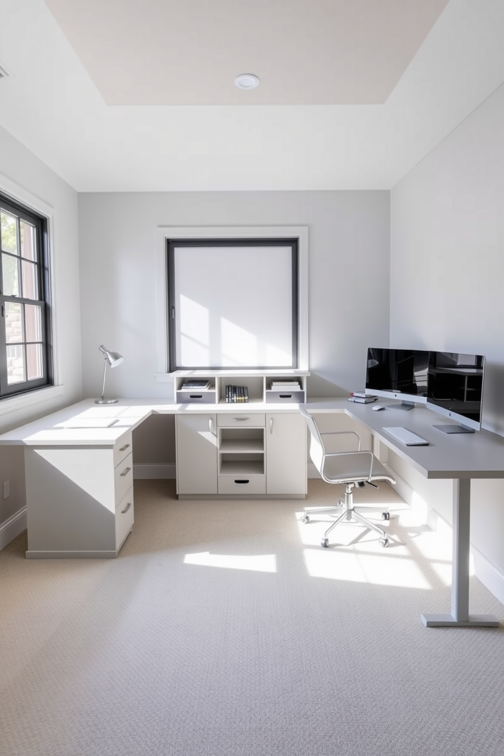 Spacious dual desks are positioned side by side, each featuring a sleek design and ample workspace. Shared storage space is integrated between the desks, providing organization and a clean aesthetic. The walls are painted in a calming light gray, creating a serene atmosphere for productivity. Natural light floods the room through large windows, enhancing the inviting ambiance of the home office.