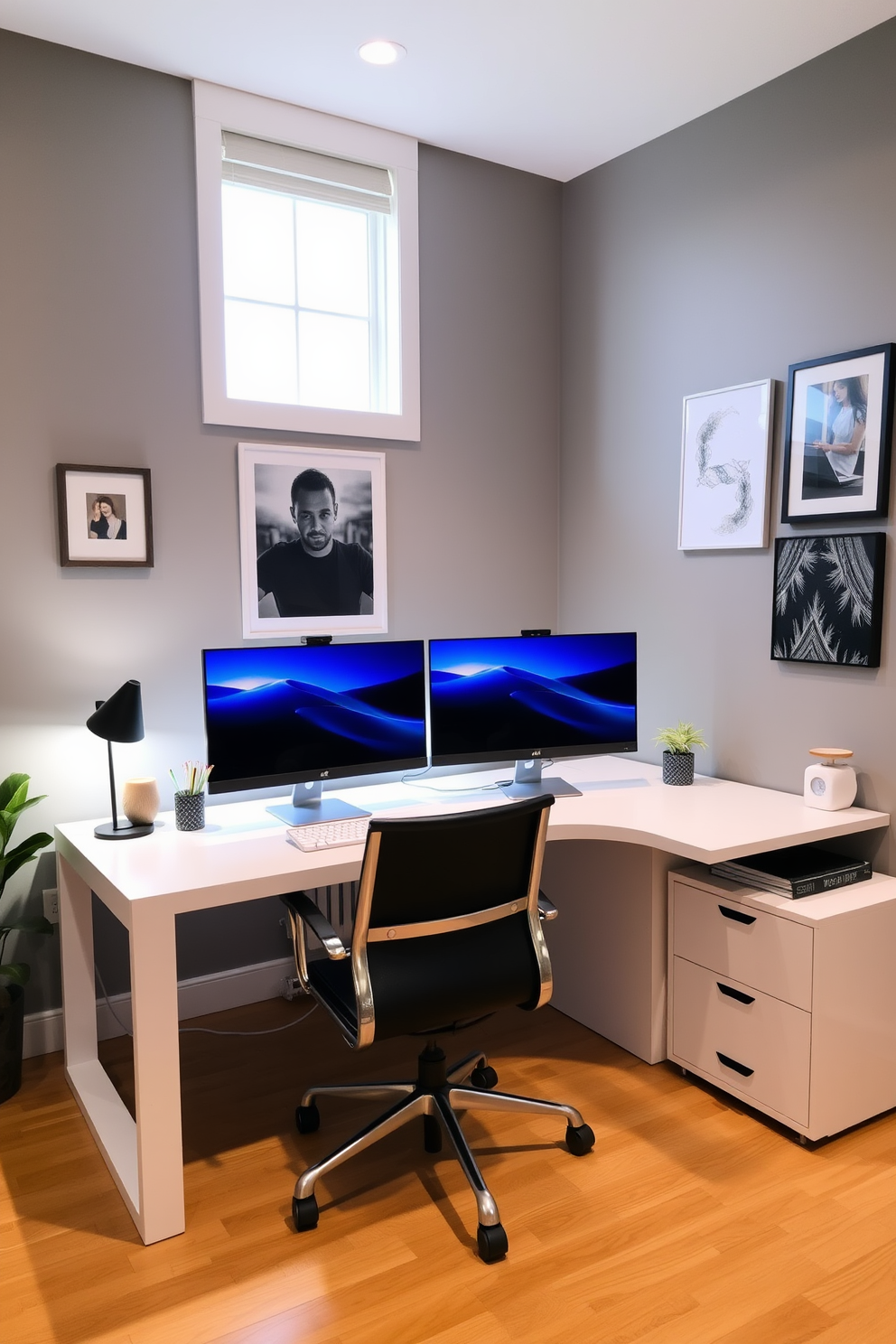 A modern home office featuring dual monitors positioned on a sleek, minimalist desk. The space is divided into two sections, each tailored to individual work styles, with personalized décor reflecting their unique tastes.