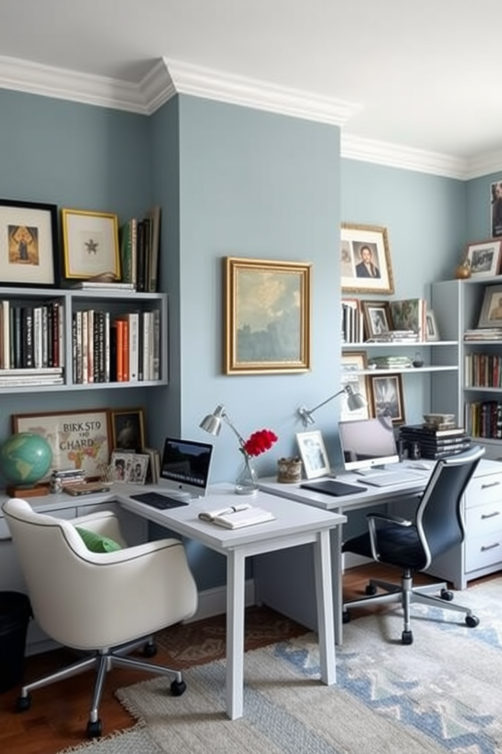 A stylish home office space that reflects shared interests and hobbies. The room features two desks facing each other, each adorned with personalized decor that showcases individual passions. The color palette includes calming blues and greens, creating a serene environment for productivity. Shelves filled with books and framed artwork line the walls, emphasizing creativity and collaboration.