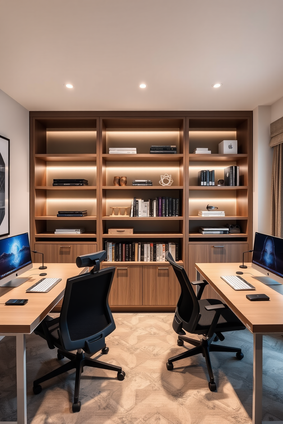 A modern home office featuring integrated technology solutions for seamless connectivity. The workspace includes dual desks with ergonomic chairs, equipped with smart lighting and wireless charging stations. His and hers home office design ideas showcase personalized spaces that reflect each individual's style. The room is divided by a stylish bookshelf, with one side featuring a minimalist aesthetic and the other embracing a cozy, traditional look.