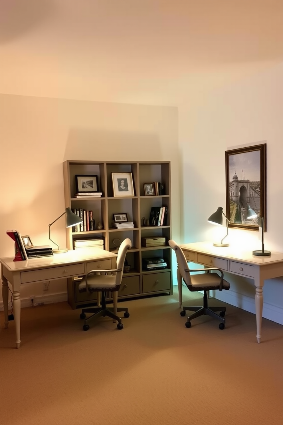 A cozy home office setting with soft lighting creating a warm ambiance. The space features two elegant desks facing each other, adorned with stylish desk lamps that emit a gentle glow. Each desk is complemented by a comfortable chair, and the walls are painted in a soothing pastel color. A bookshelf filled with curated decor and books adds personality to the room while maintaining a clean aesthetic.