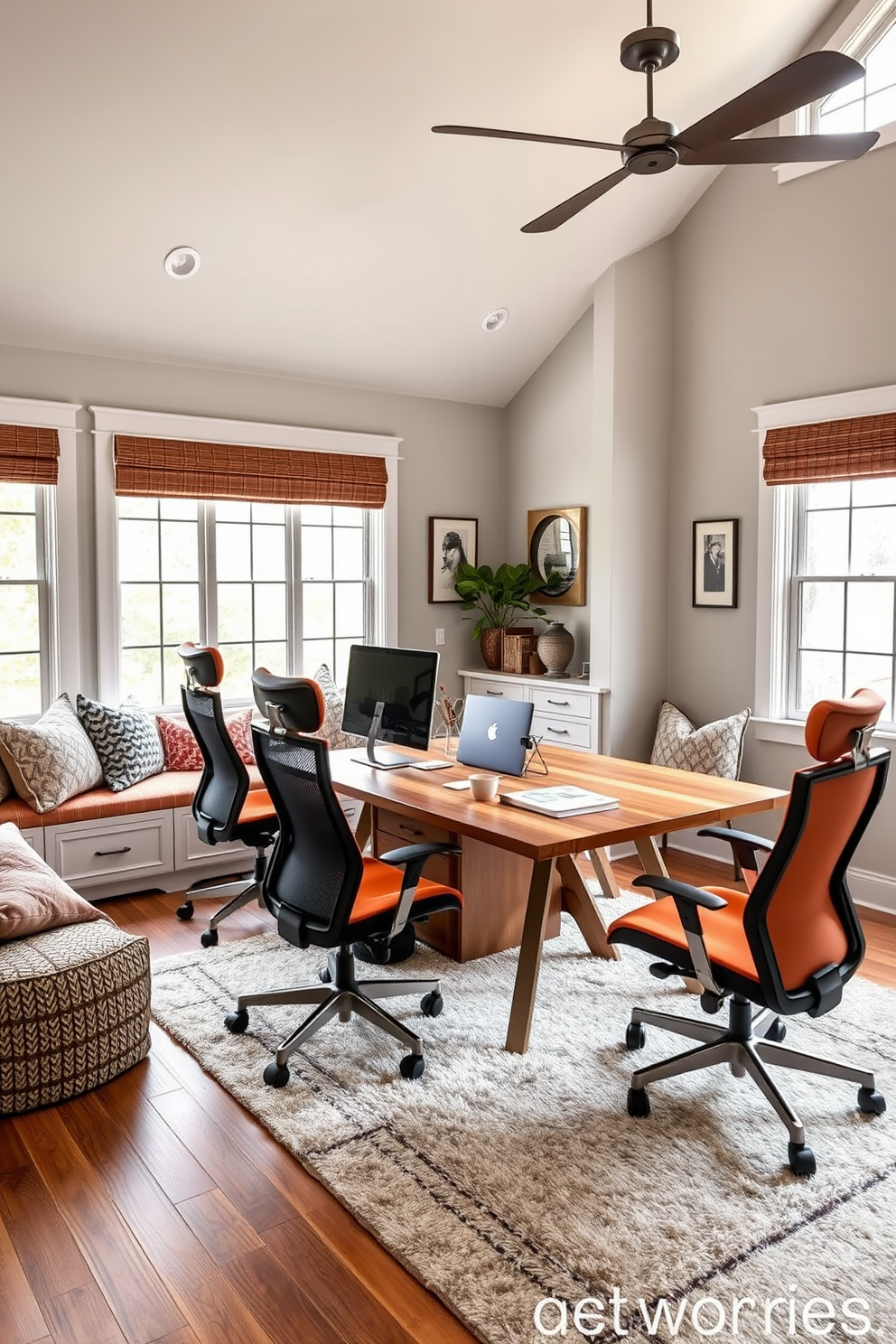 A stylish home office designed for both partners. The space features a shared wooden desk with a mix of natural and painted finishes, complemented by ergonomic chairs in contrasting colors. Soft textiles are used throughout the room, including a plush area rug and cozy throw pillows on a small seating nook. Large windows allow natural light to flood in, creating a warm and inviting atmosphere.