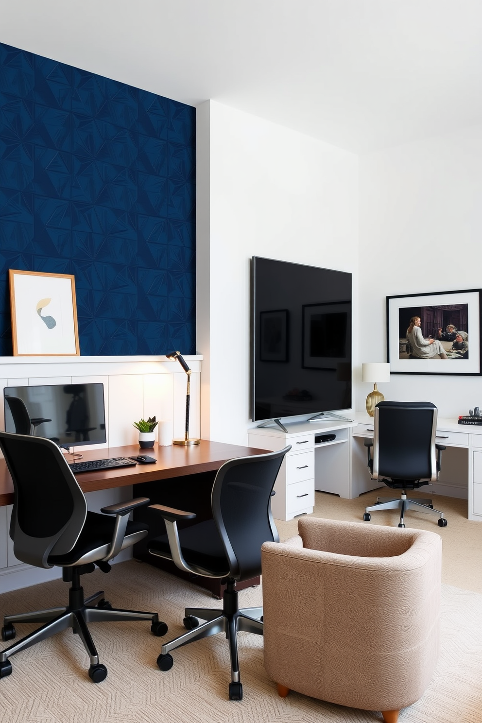 A striking home office features an accent wall adorned with bold geometric wallpaper in deep blue tones. The opposite wall is painted in a crisp white to create a fresh contrast, enhancing the overall sophistication of the space. His and Hers home office design showcases two distinct workspaces that balance functionality and style. One side features a sleek dark wood desk with modern ergonomic seating, while the other boasts a light-colored desk paired with a plush armchair for comfort.