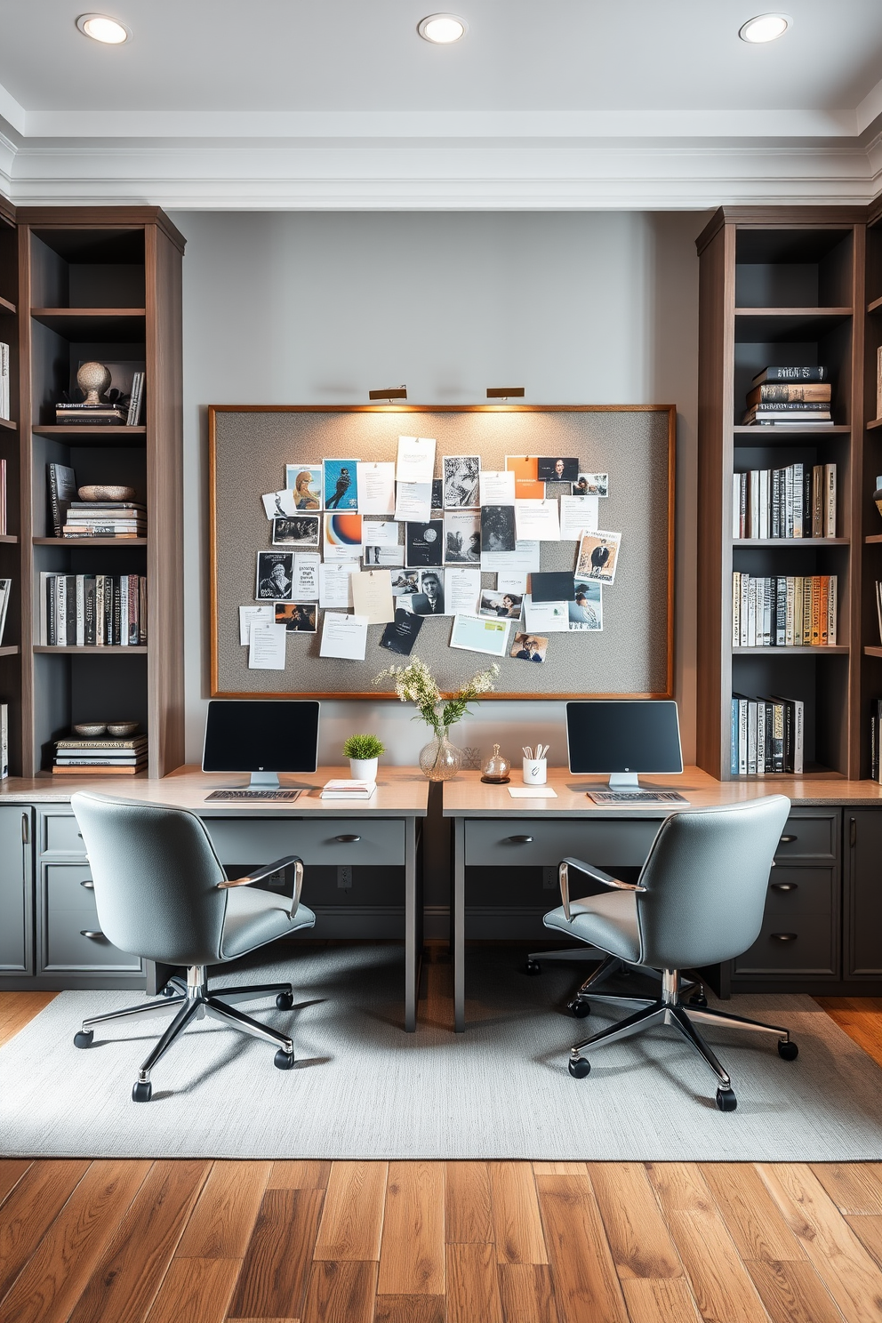 A stylish home office designed for two, featuring a shared pinboard that fosters collaboration and sparks creativity. Each workspace is personalized with unique decor, while maintaining a cohesive color palette of soft grays and warm woods. The desks are positioned facing each other, allowing for easy communication and teamwork. Elegant shelving units flank the walls, displaying books and inspiring artwork to enhance the atmosphere.