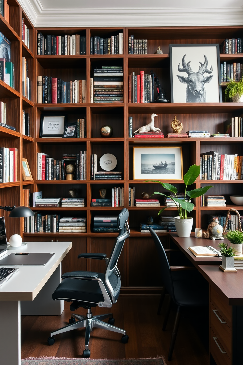 A stylish home office featuring floor-to-ceiling bookshelves made of rich walnut wood. The shelves are filled with an eclectic mix of books, decorative objects, and personal mementos, creating a warm and inviting atmosphere. On one side, a sleek desk with a modern ergonomic chair is paired with a large window that lets in natural light. On the opposite side, a second desk is designed for collaborative work, adorned with inspiring artwork and greenery for a refreshing touch.