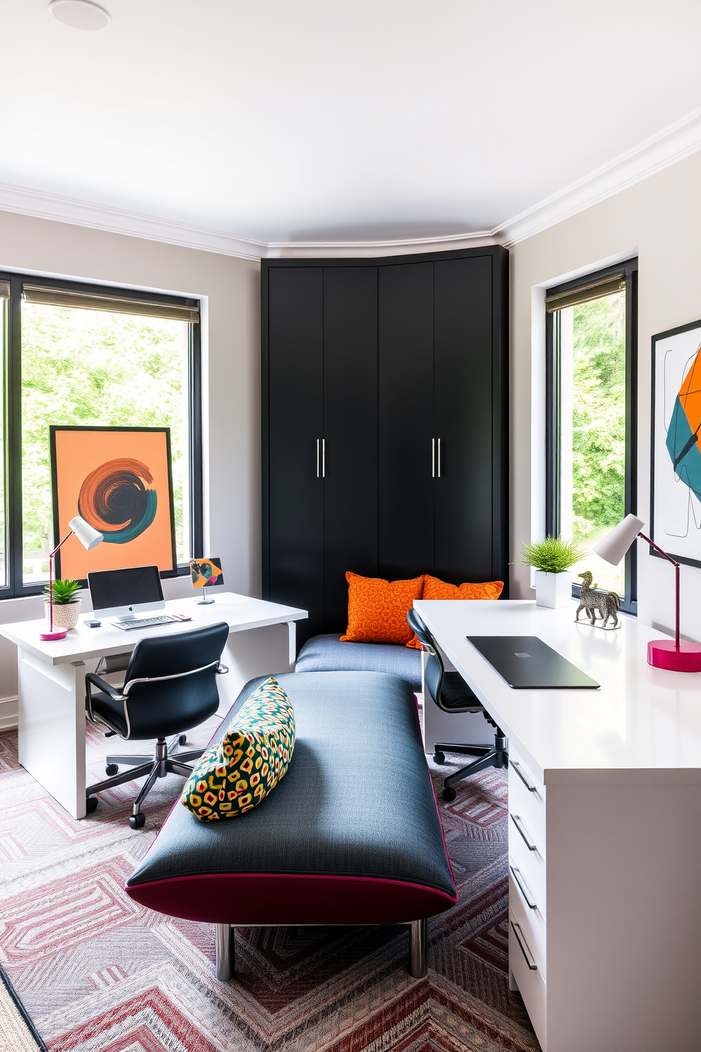 A stylish home office design featuring a neutral color palette complemented by vibrant pops of color. The desks are positioned side by side, each adorned with unique accessories that reflect individual personalities. Natural light floods the space through large windows, illuminating the sleek furniture and artwork on the walls. A comfortable seating area with colorful cushions invites relaxation and creativity.