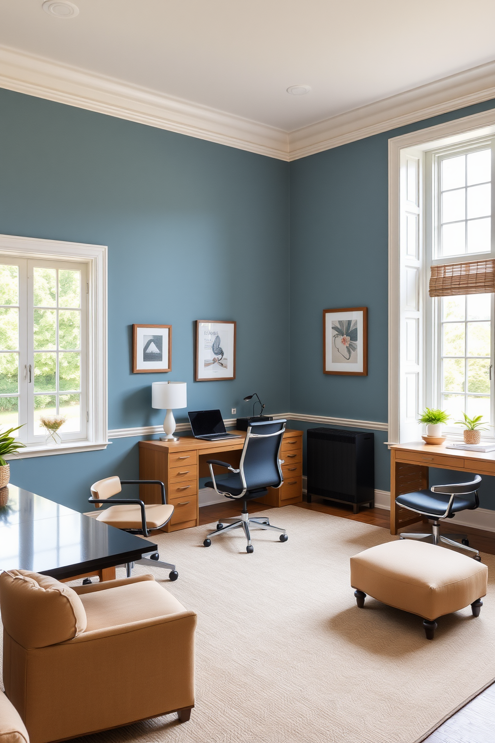 A serene home office space featuring a harmonious blend of complementary colors. The walls are painted in a soft blue, accented by a warm beige for the furniture and decor. Each workspace is thoughtfully designed with a stylish desk and ergonomic chair, creating a comfortable environment. Natural light floods the room through large windows, enhancing the soothing atmosphere.