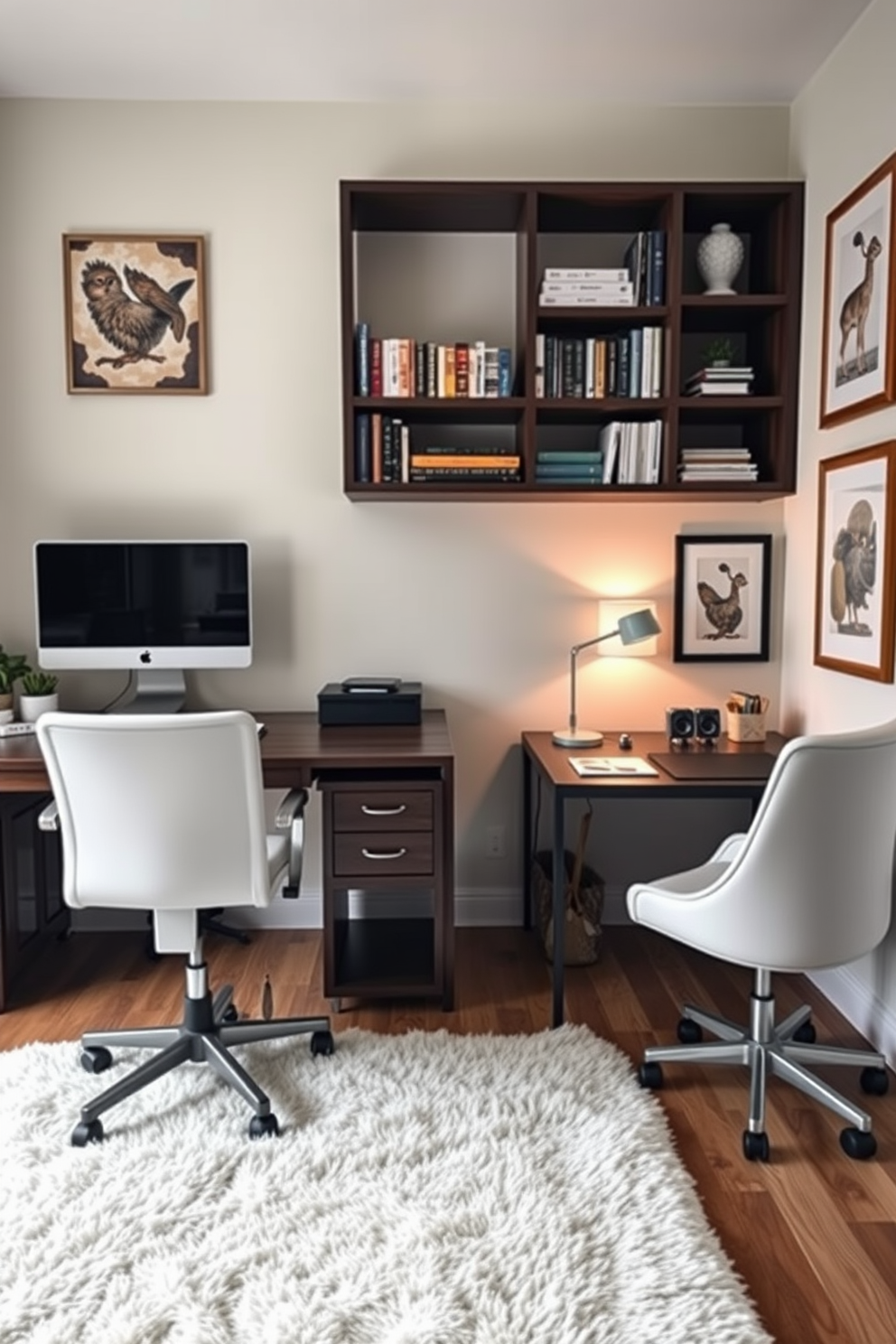 A stylish home office featuring two distinct workspace areas defined by a plush area rug. Each workspace is equipped with a modern desk and ergonomic chair, complemented by personalized decor that reflects individual styles. His workspace includes dark wood accents, a sleek monitor setup, and a wall-mounted bookshelf filled with books and personal items. Hers features soft pastel colors, a chic desk lamp, and framed art pieces that inspire creativity.