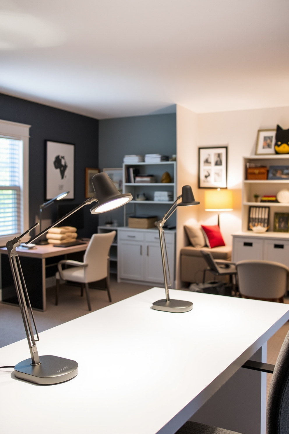 A pair of stylish task lamps sit on a sleek desk in a modern home office. Each lamp features a minimalist design with adjustable arms, providing focused lighting for work tasks. The home office is divided into two distinct areas for him and her, each reflecting individual styles. One side showcases a contemporary aesthetic with clean lines and neutral tones, while the other embraces a cozy, eclectic vibe with vibrant colors and personal decor.