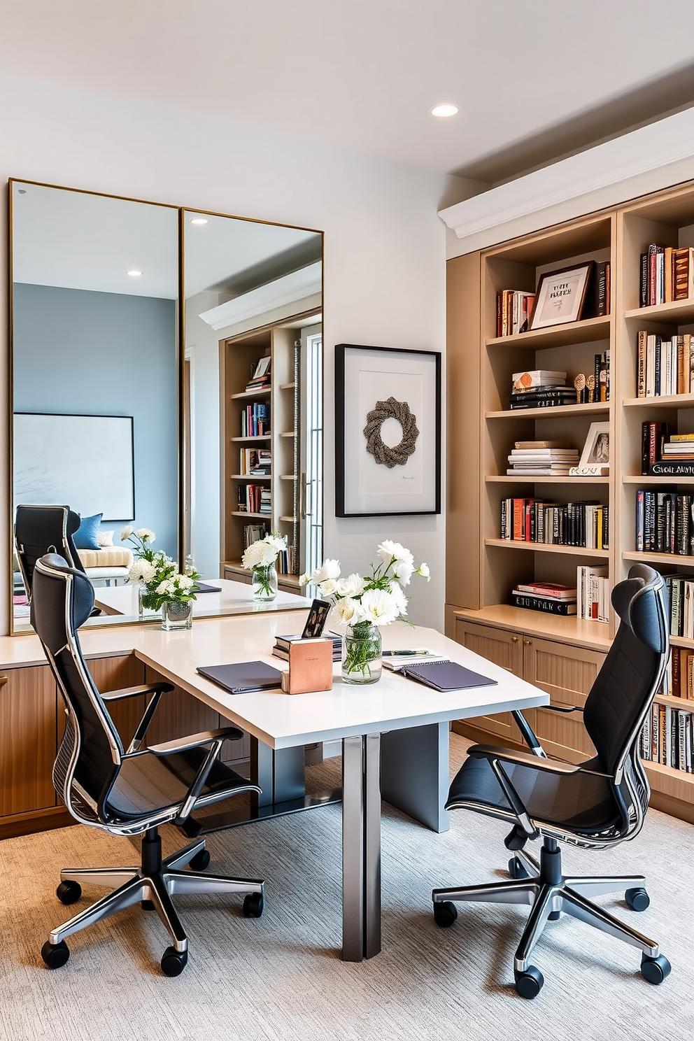 A stylish home office designed for two, featuring a shared desk with a sleek finish and ergonomic chairs. Large mirrors are strategically placed on the walls to create an illusion of depth and enhance natural light. Each side of the office showcases personalized decor, with one area featuring soft blue tones and the other in warm earthy hues. Bookshelves line the walls, filled with curated books and decorative items that reflect individual styles.