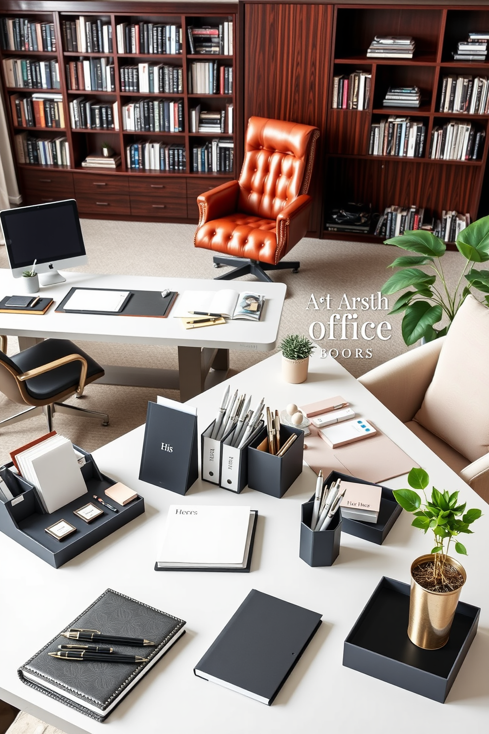 A stylish home office featuring coordinated stationery and office supplies in a modern aesthetic. The workspace includes matching desk organizers, sleek notebooks, and elegant pens neatly arranged on a minimalist desk. On one side, a his office area showcases dark wood furniture with a rich leather chair and a large bookshelf filled with books. The hers office area features a light-colored desk with pastel stationery, a comfortable chair, and decorative plants adding a touch of greenery.