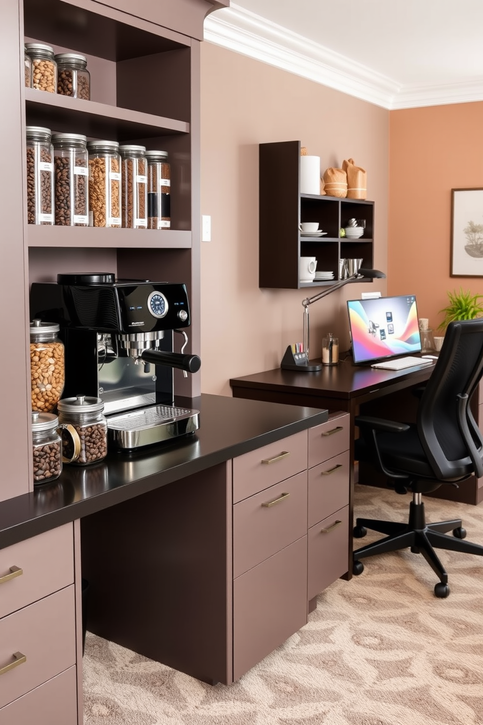 Personalized coffee station for energy boosts. A sleek countertop features a high-end espresso machine beside an array of artisanal coffee beans in glass jars. His and Hers Home Office Design Ideas. Two distinct workspaces are designed with complementary color palettes, featuring ergonomic chairs and stylish desks that reflect each person's personality.