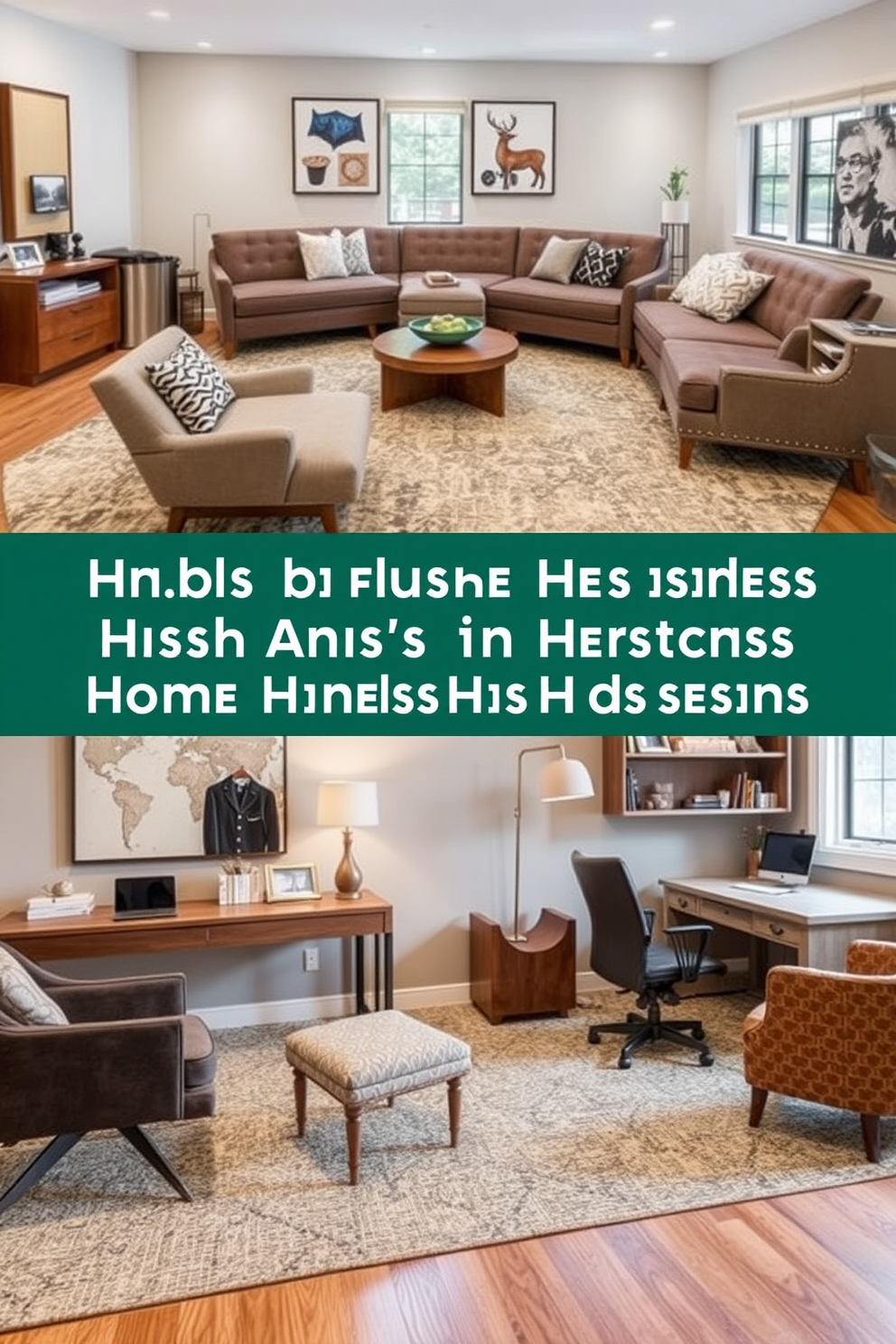 Flexible seating options for guests include a stylish sectional sofa paired with a set of contemporary accent chairs. The arrangement is designed to encourage conversation while maintaining an open flow in the living space. His and Hers home office design ideas feature two distinct workstations that reflect individual styles. One side showcases a modern minimalist desk with a sleek chair, while the other embraces a cozy, rustic aesthetic with a wooden desk and comfortable armchair.