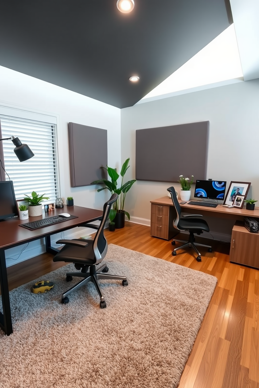 A serene home office space designed for productivity. The room features soundproofing elements such as acoustic panels on the walls and a plush area rug to absorb noise. The layout includes two separate workstations with stylish desks and ergonomic chairs. Each desk is adorned with personal touches like framed photos and potted plants to create a comfortable atmosphere.