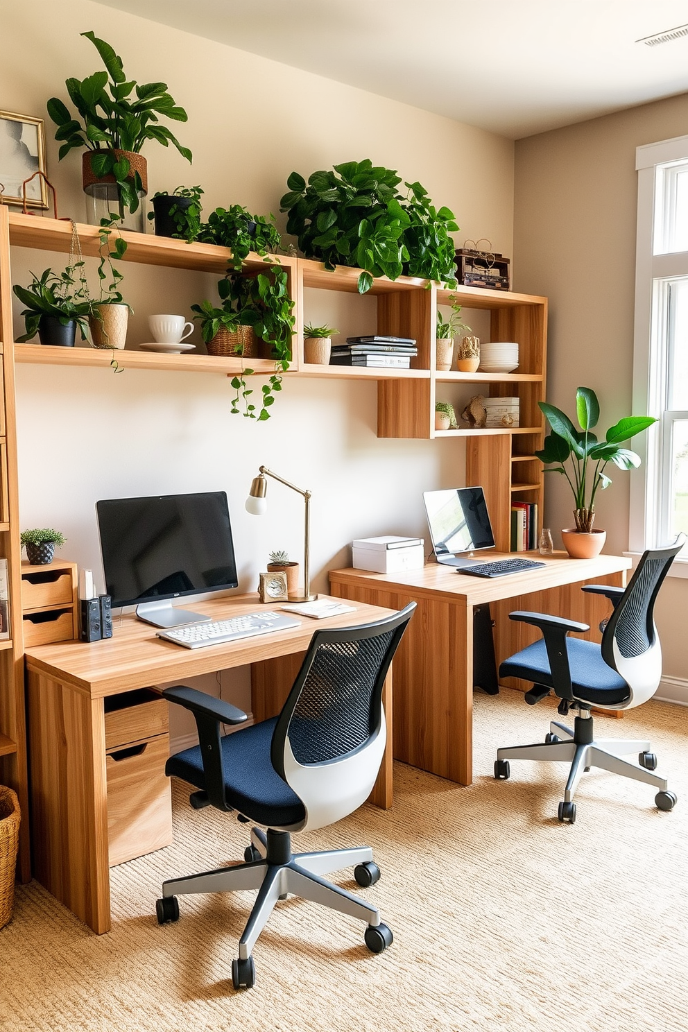 A cozy home office designed for two, featuring natural wood desks with ample storage. The space is filled with greenery, with plants placed on shelves and a large window allowing natural light to flood the room. The walls are painted in a soft beige tone, complemented by a warm, textured rug underfoot. Each desk is accessorized with stylish organizers, and comfortable ergonomic chairs provide a welcoming workspace.