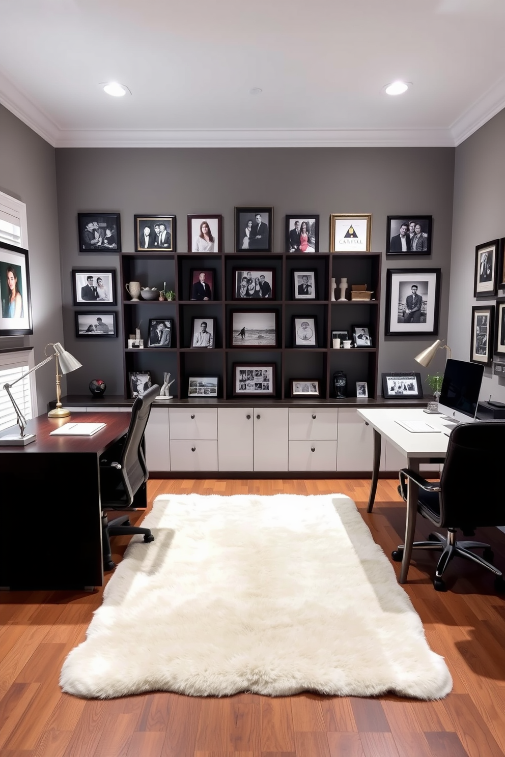 A stylish home office designed for both him and her. The space features two separate desks, each with unique styles, positioned opposite each other. The walls are adorned with a family photo gallery, showcasing cherished memories in elegant frames. A plush area rug lies in the center, adding warmth and comfort to the workspace.