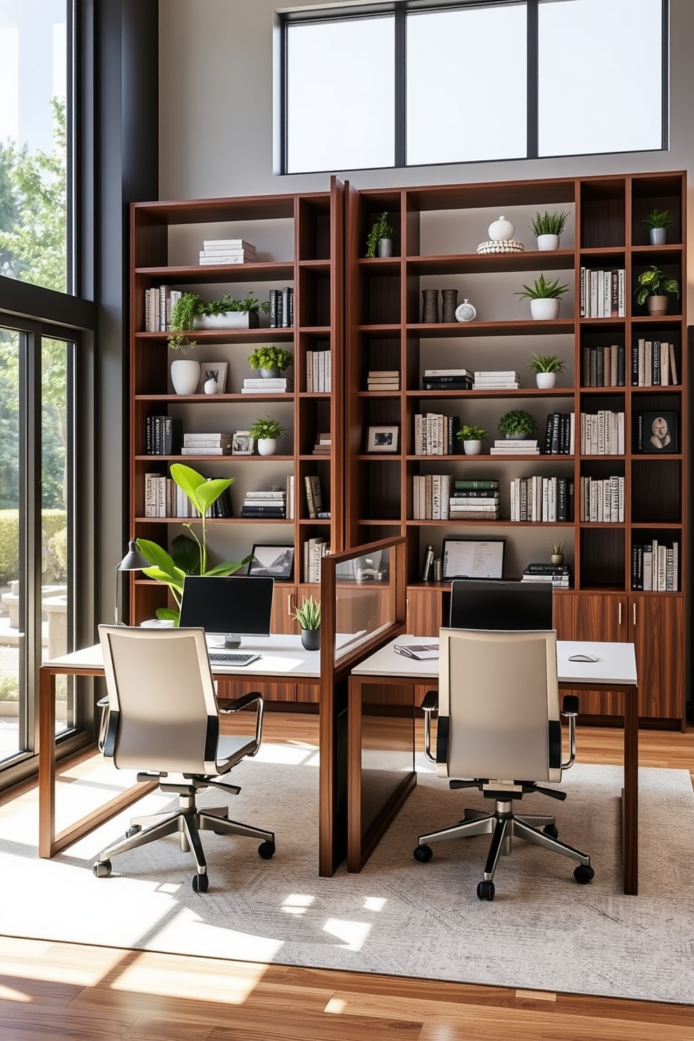 A modern home office featuring two distinct work zones separated by elegant wooden dividers. Each zone includes a sleek desk with ergonomic chairs, stylish desk lamps, and organized shelves filled with books and decorative items. The color palette consists of soft neutrals with pops of greenery from potted plants. Large windows allow natural light to flood the space, enhancing productivity and creating a welcoming atmosphere.