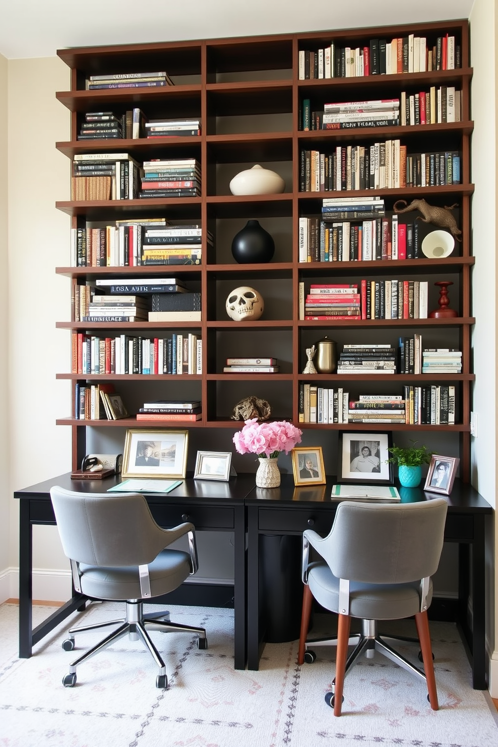 Creative use of vertical space for storage. Imagine a home office with tall shelving units that extend to the ceiling, filled with books and decorative items. His and Hers Home Office Design Ideas. Picture a stylish dual workspace featuring two matching desks, each adorned with personal touches like framed photos and unique desk accessories.