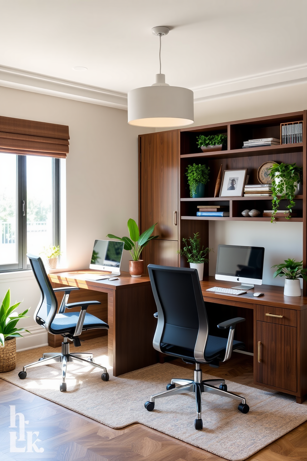 Matching ergonomic chairs for comfort. The office features a sleek wooden desk with ample storage, illuminated by a modern pendant light overhead. His and Hers Home Office Design Ideas. Each workspace is personalized with stylish decor, incorporating plants and artwork that reflect individual tastes while maintaining a cohesive aesthetic.