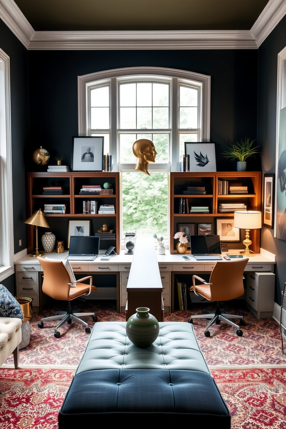 A stylish home office designed for both partners, showcasing personalized decor that reflects their individual styles. The space features two distinct workstations, each with unique furnishings and accessories that express their personalities while maintaining a cohesive aesthetic. The room is divided by a decorative bookshelf, providing both separation and storage. Large windows allow natural light to flood the space, highlighting the contrasting color palettes and decor choices that celebrate their individual tastes.