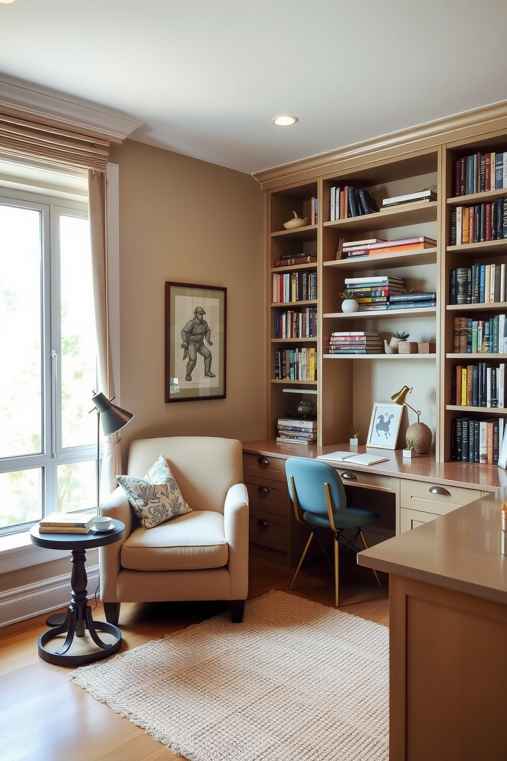 Cozy reading nook for relaxation breaks. A plush armchair upholstered in soft fabric is positioned near a large window, allowing natural light to flood the space. A small side table holds a stack of books and a steaming cup of tea. The walls are painted in a warm beige tone, and a woven rug adds texture underfoot. His and Hers Home Office Design Ideas. Two distinct workspaces are created with matching desks, each adorned with stylish desk lamps and personalized decor. The color palette features calming blues and greens, while a large bookshelf lines one wall, filled with books and decorative items for inspiration.