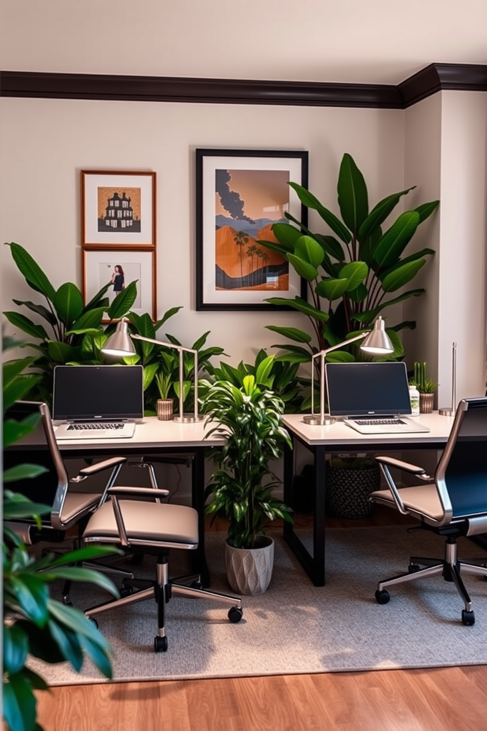 A stylish home office designed for both partners. Each side features a sleek desk with ergonomic chairs, surrounded by lush green plants to create a fresh atmosphere. The walls are adorned with framed artwork that reflects personal tastes. Soft lighting from elegant desk lamps enhances the inviting ambiance while maintaining productivity.