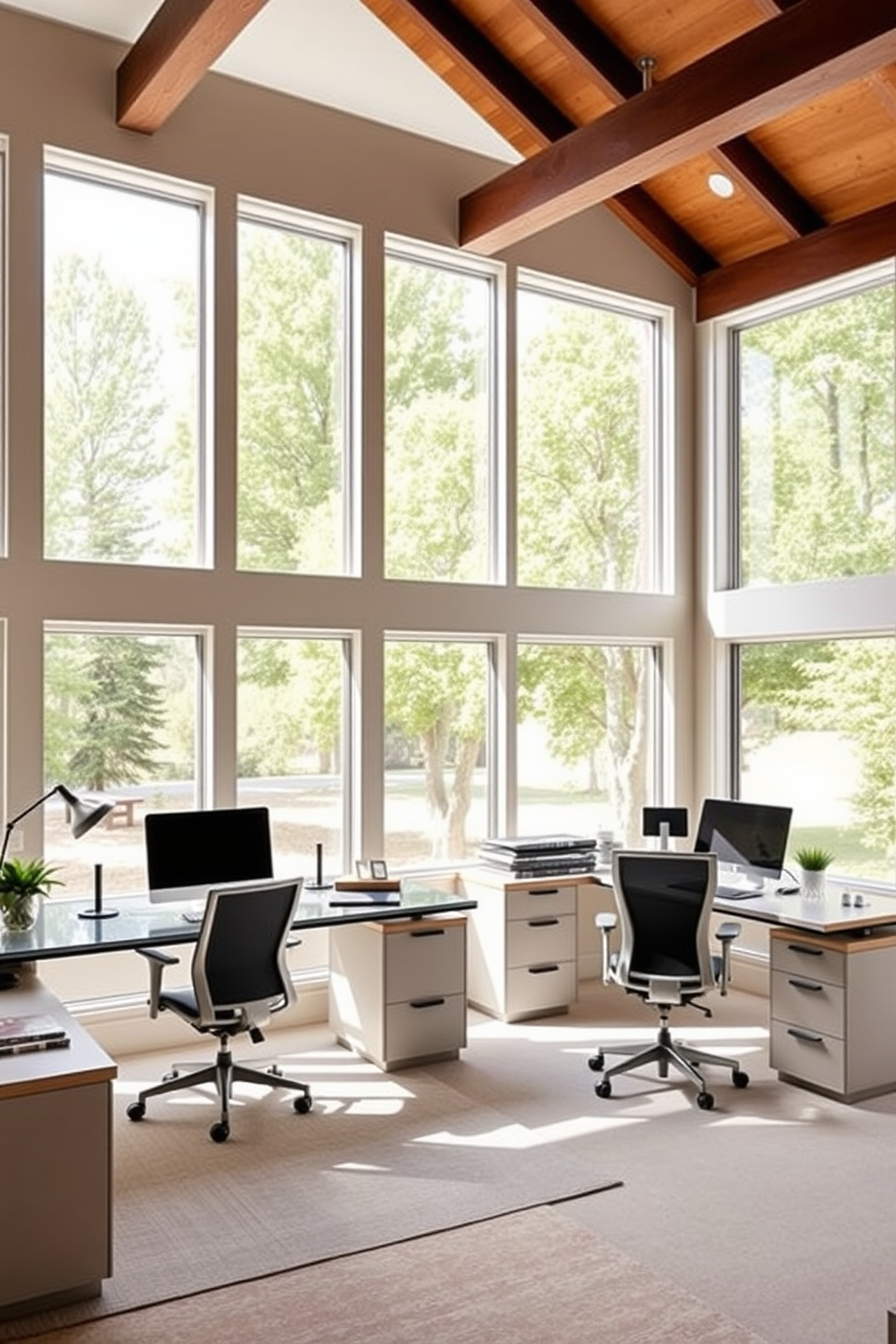 A spacious home office design featuring large windows that allow natural light to flow freely into the space. The room is divided into two distinct work areas, each tailored for his and hers needs, with stylish desks and comfortable ergonomic chairs.