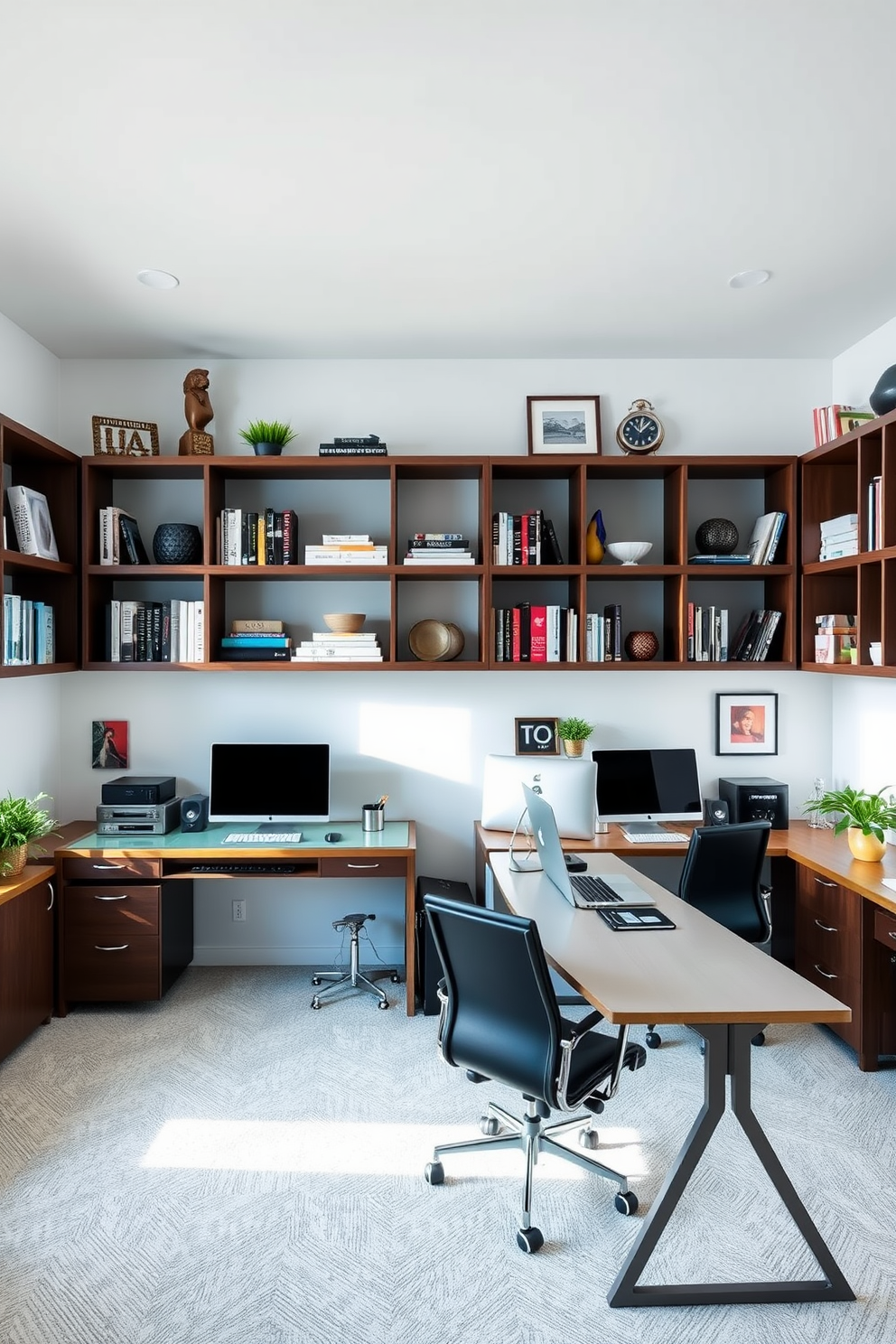 A modern home office featuring wall-mounted shelves for efficient organization. The shelves are filled with neatly arranged books and decorative items, creating a visually appealing workspace. The office includes two distinct work areas, one for him and one for her, each with ergonomic chairs and personalized decor. Large windows allow natural light to flood the space, enhancing productivity and comfort.