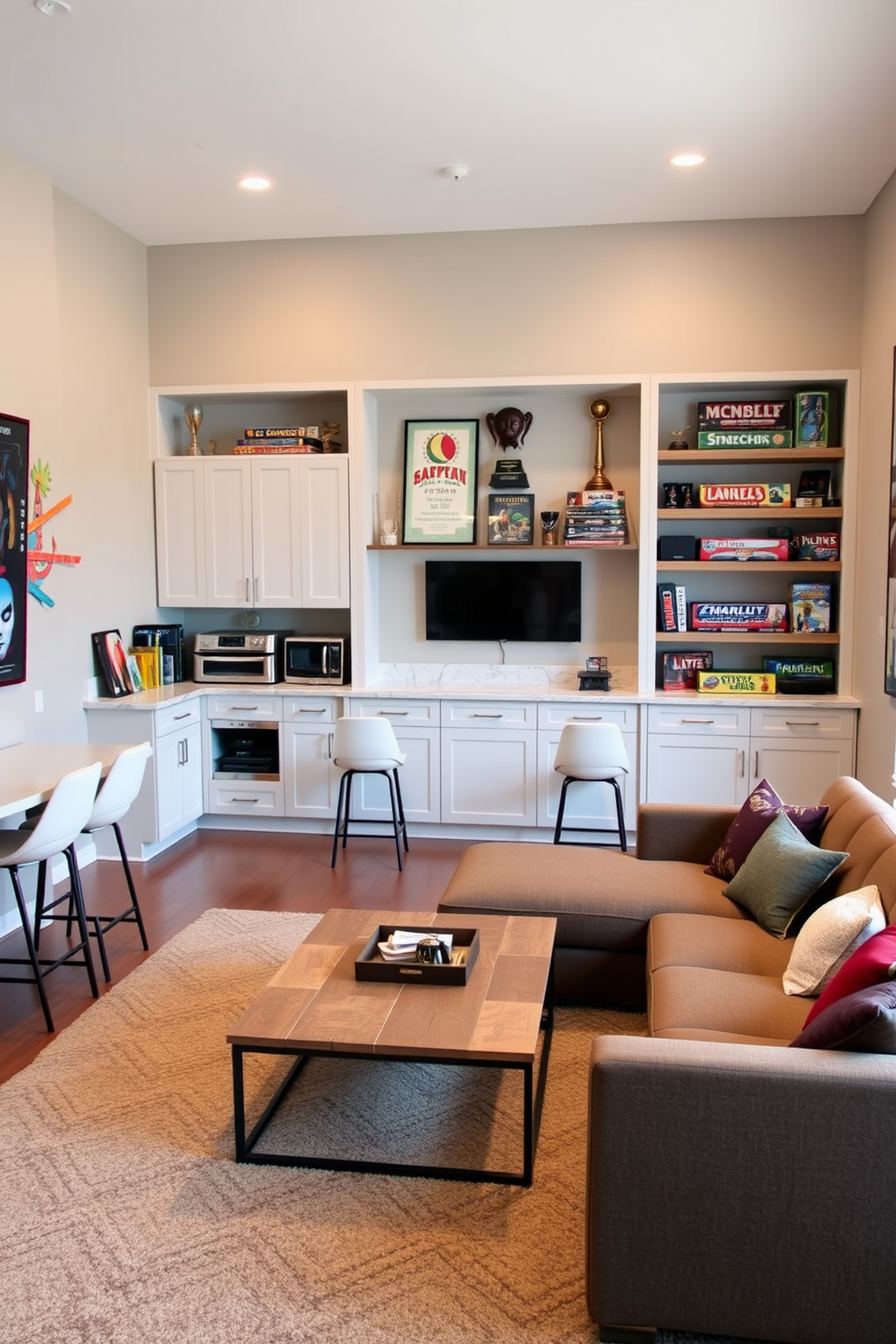 A cozy home game room featuring a built-in snack bar for easy access. The snack bar is designed with sleek cabinetry and a marble countertop, complemented by stylish bar stools for seating. The room includes a large sectional sofa arranged around a coffee table, perfect for entertaining friends. Walls are adorned with vibrant artwork and shelves displaying board games and trophies, creating a fun and inviting atmosphere.