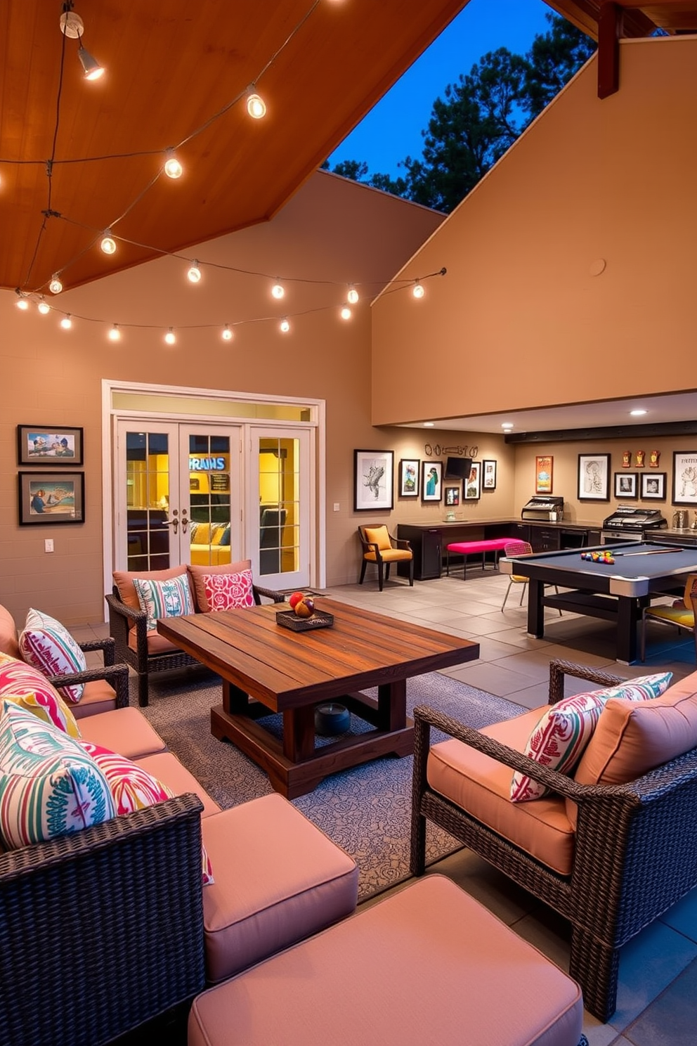 A vibrant outdoor game space featuring comfortable patio furniture arranged around a large wooden table. Colorful cushions adorn the chairs, and string lights hang overhead, creating a cozy atmosphere for evening gatherings. A stylish home game room designed for entertainment and relaxation. Plush seating surrounds a sleek pool table, and the walls are adorned with framed artwork and shelves displaying board games and trophies.