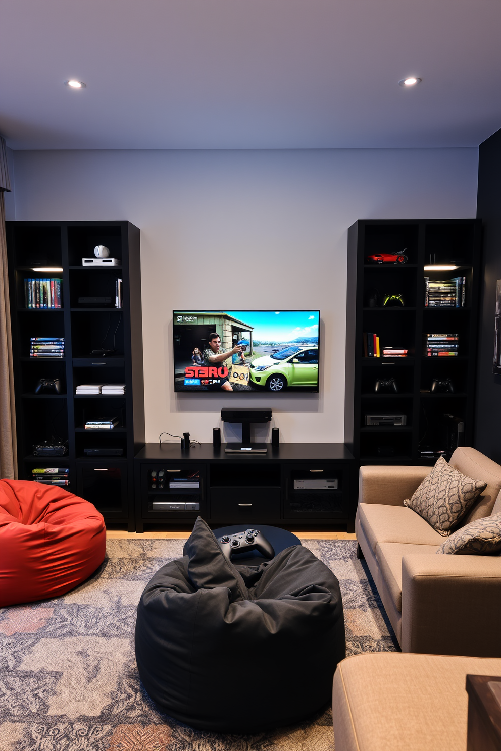 A modern gaming console station designed for an inviting home game room. The station features a sleek black entertainment unit with ample storage for games and accessories, while organized cables are neatly tucked away for a clean look. Comfortable seating is arranged around the console, with plush bean bags and a stylish sofa for relaxation. Ambient lighting enhances the atmosphere, creating an ideal space for gaming and socializing with friends.