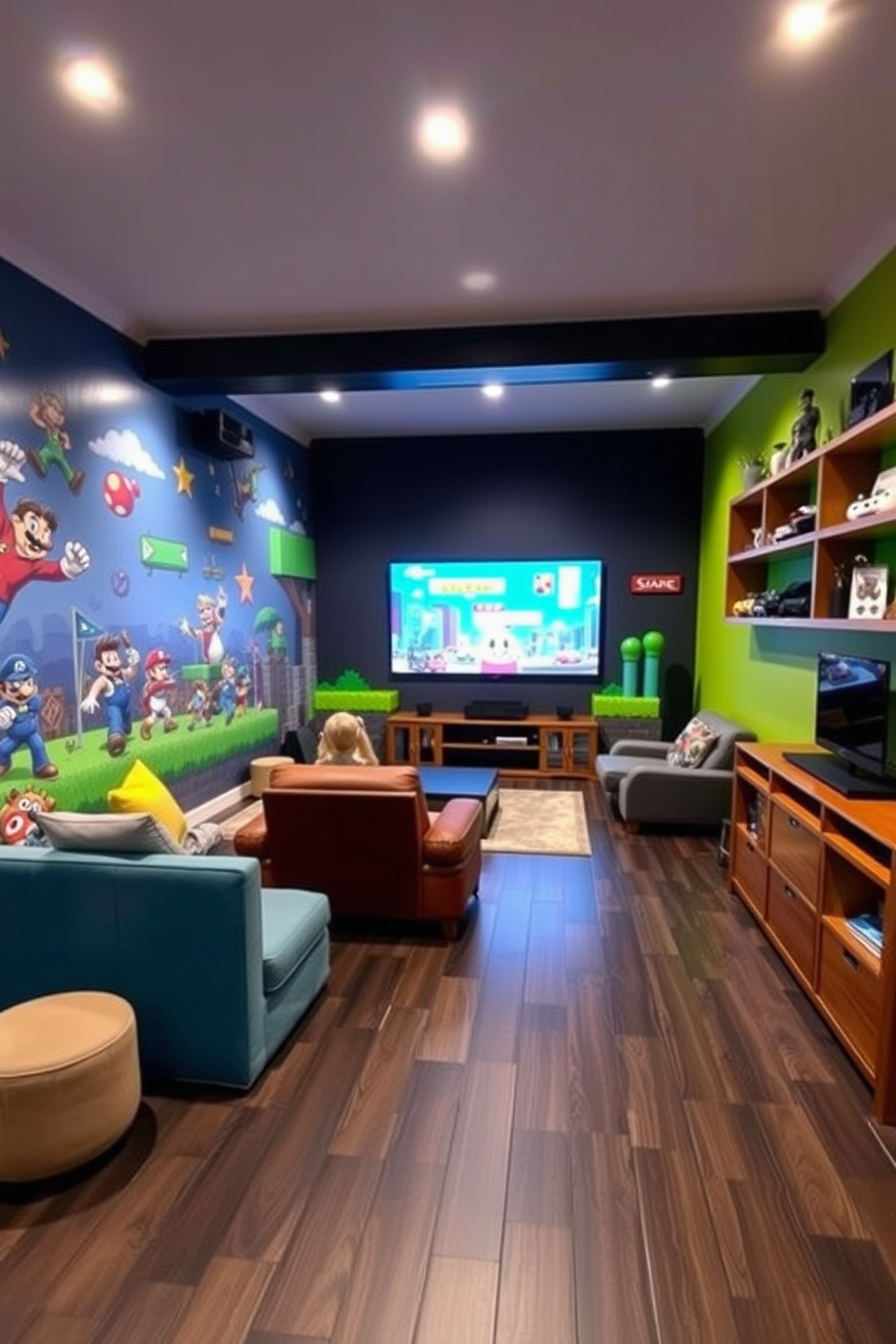 A vibrant game-themed mural covers one wall, featuring iconic characters and scenes from classic video games. The room is filled with comfortable seating and a large screen for gaming sessions, creating an inviting atmosphere for friends and family. The flooring is a sleek dark laminate, contrasting with the colorful mural, while shelves display game consoles and collectibles. Soft LED lighting enhances the mood, making the space perfect for both gaming and relaxation.