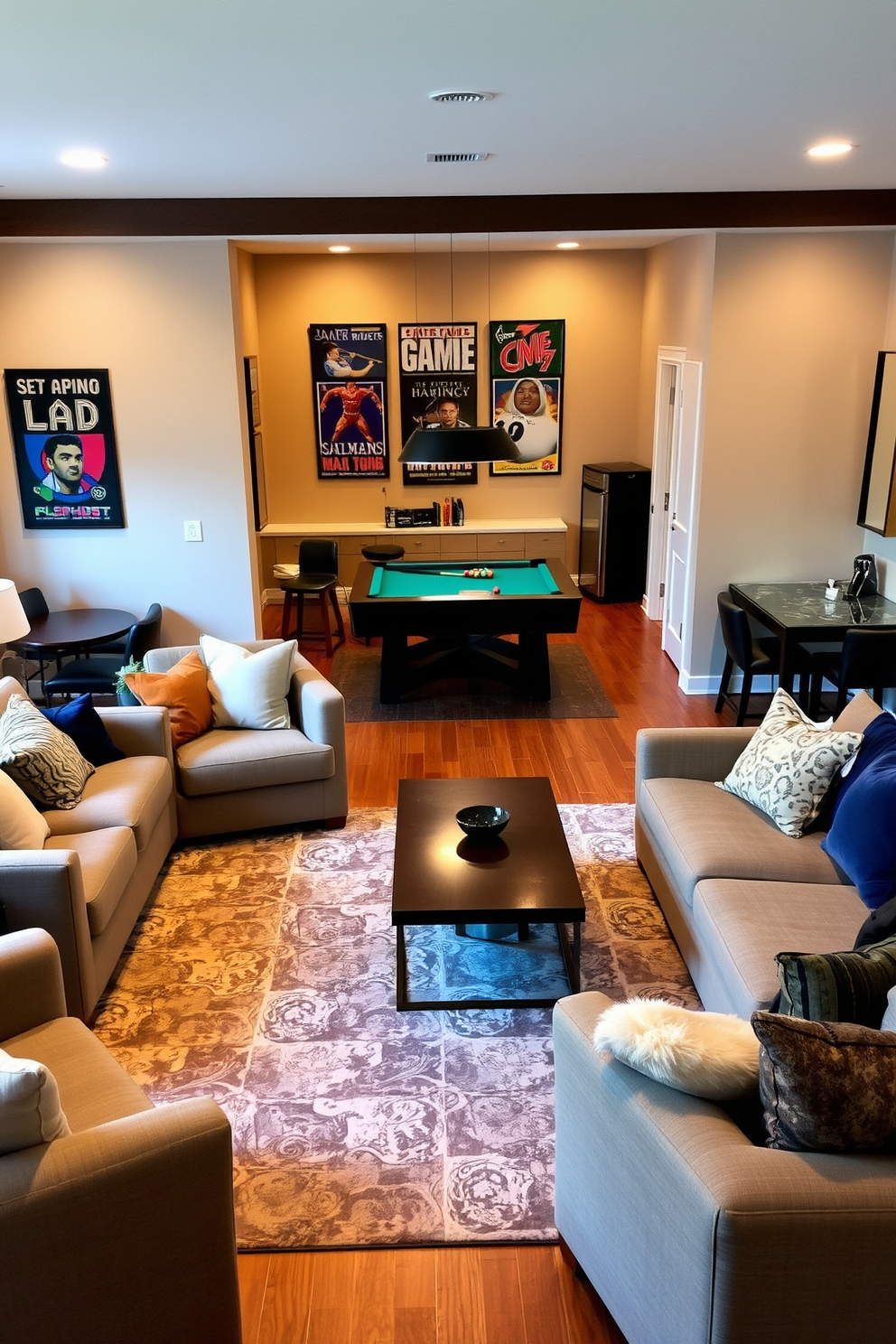 A comfortable lounge area featuring plush sofas arranged around a central coffee table. Soft throw pillows in various textures are scattered across the seating, and a large area rug adds warmth to the space. A home game room designed for entertainment with a pool table as the focal point. Surrounding the table are bar stools and a mini fridge, while the walls are adorned with framed posters of classic games.