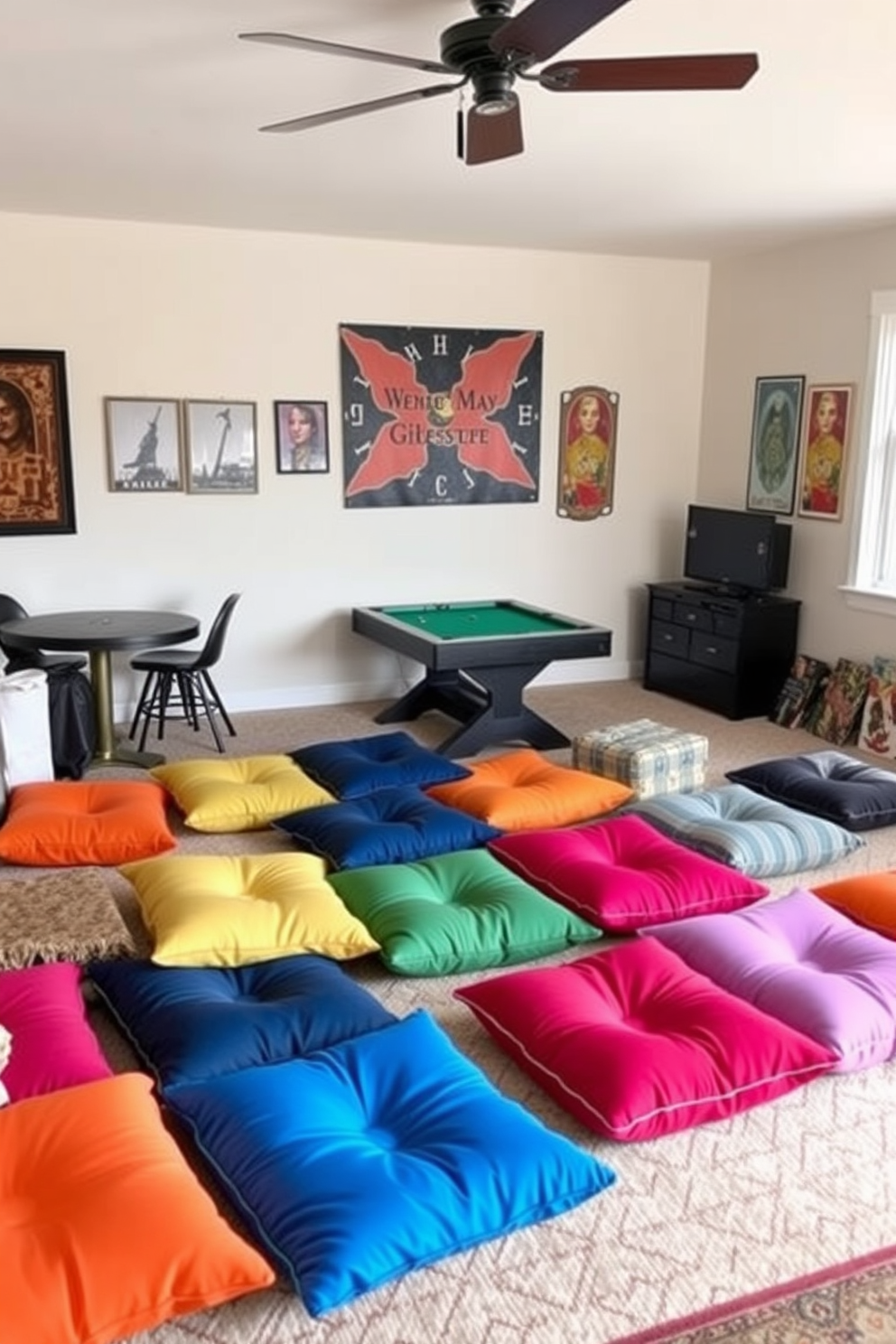 A cozy home game room featuring vibrant floor cushions scattered throughout the space. The cushions are in various colors and patterns, providing a relaxed atmosphere for casual gaming sessions.