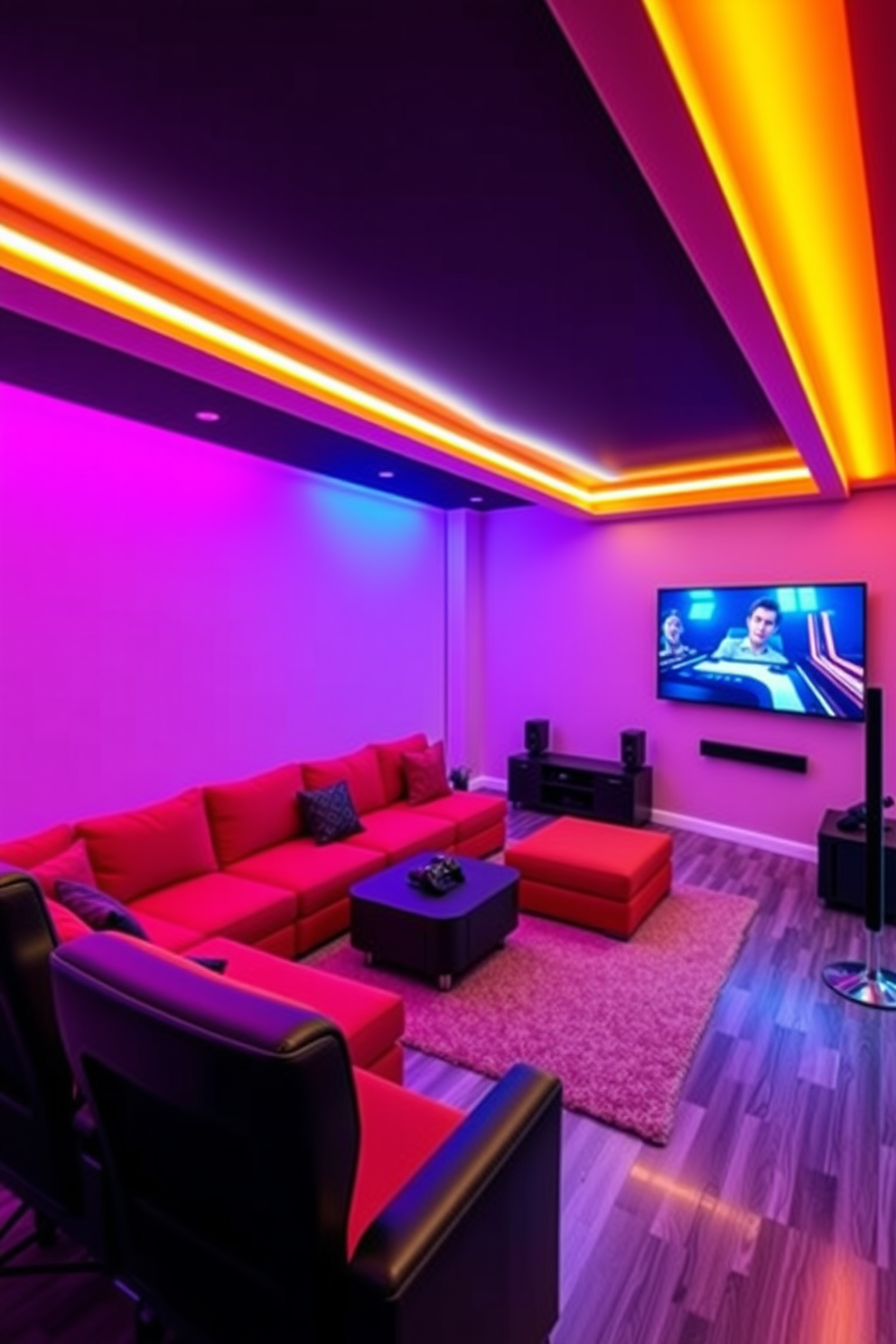 A vibrant home game room featuring LED strip lights that can change colors according to mood and occasion. The space includes a comfortable sectional sofa in a bold color, a large wall-mounted TV, and a sleek gaming console setup.