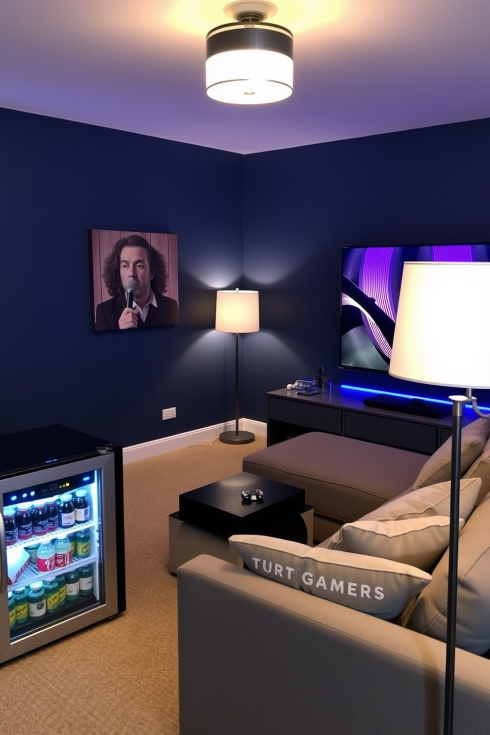 A cozy home game room designed for relaxation and entertainment. The centerpiece is a sleek mini fridge stocked with drinks and snacks, positioned next to a comfortable sectional sofa adorned with plush throw pillows. The walls are painted in a deep navy blue, creating an inviting atmosphere, while a large flat-screen TV is mounted for gaming and movie nights. Ambient lighting is provided by stylish floor lamps and LED strip lights, enhancing the overall vibe of the space.