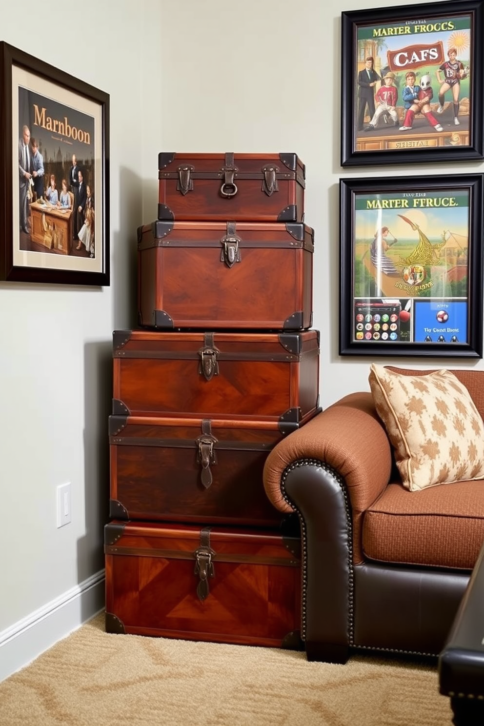 Game storage trunks for stylish organization. The trunks are crafted from rich wood with leather accents, offering both functionality and elegance. Arranged neatly in a dedicated game room, they are stacked in a corner, complementing a plush sectional sofa. The walls are adorned with framed artwork depicting classic game scenes, creating a vibrant and inviting atmosphere.