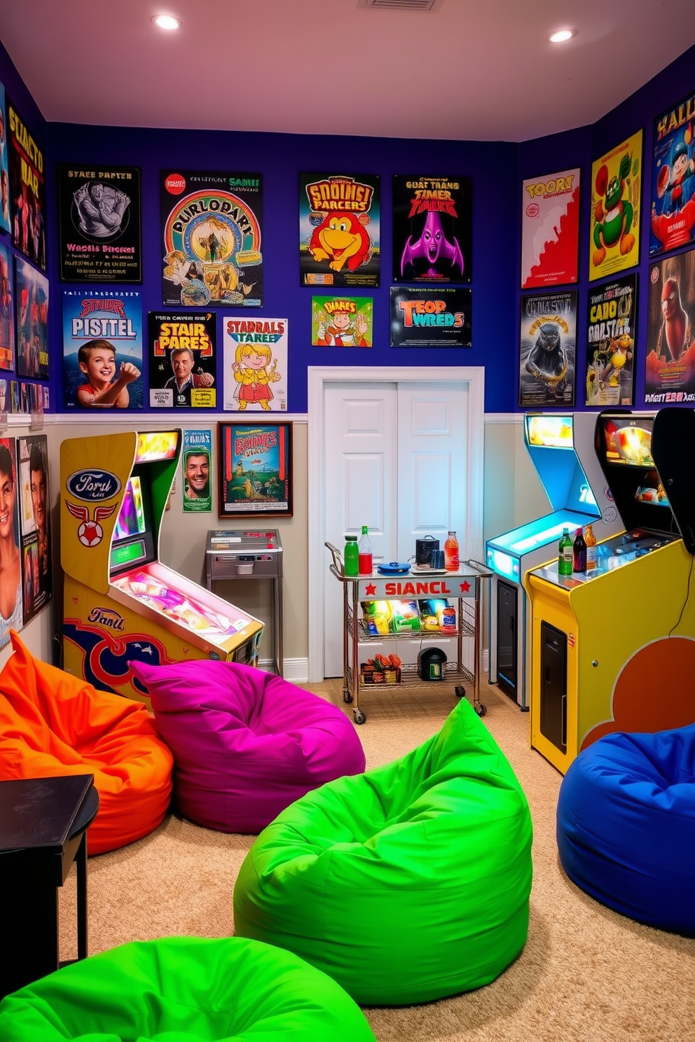 A vibrant home game room filled with retro arcade machines creates a nostalgic atmosphere. The walls are adorned with colorful posters from classic video games, and the floor is covered in a soft, plush carpet. In one corner, a vintage pinball machine stands next to a neon-lit bar cart stocked with snacks and drinks. Comfortable bean bags in bright colors are scattered around, inviting friends to gather and enjoy the games.