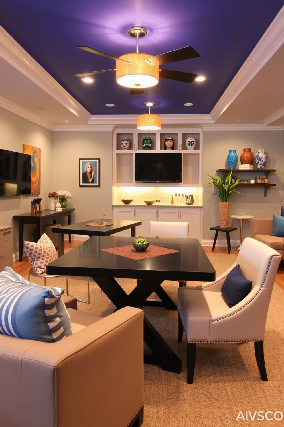 A stylish home game room featuring convertible tables that can easily transition from dining to gaming setups. The space is designed with comfortable seating, vibrant decor, and ample lighting to create an inviting atmosphere for family and friends.