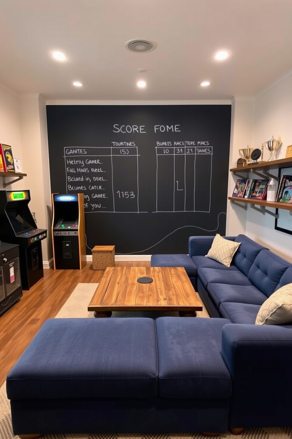 A cozy home game room featuring a chalkboard wall for scorekeeping. The space includes a large sectional sofa in a deep blue fabric, paired with a rustic wooden coffee table in the center. On one side, a vintage arcade game machine adds a nostalgic touch, while shelves display board games and trophies. Soft ambient lighting creates a warm atmosphere, enhancing the fun and inviting vibe of the room.