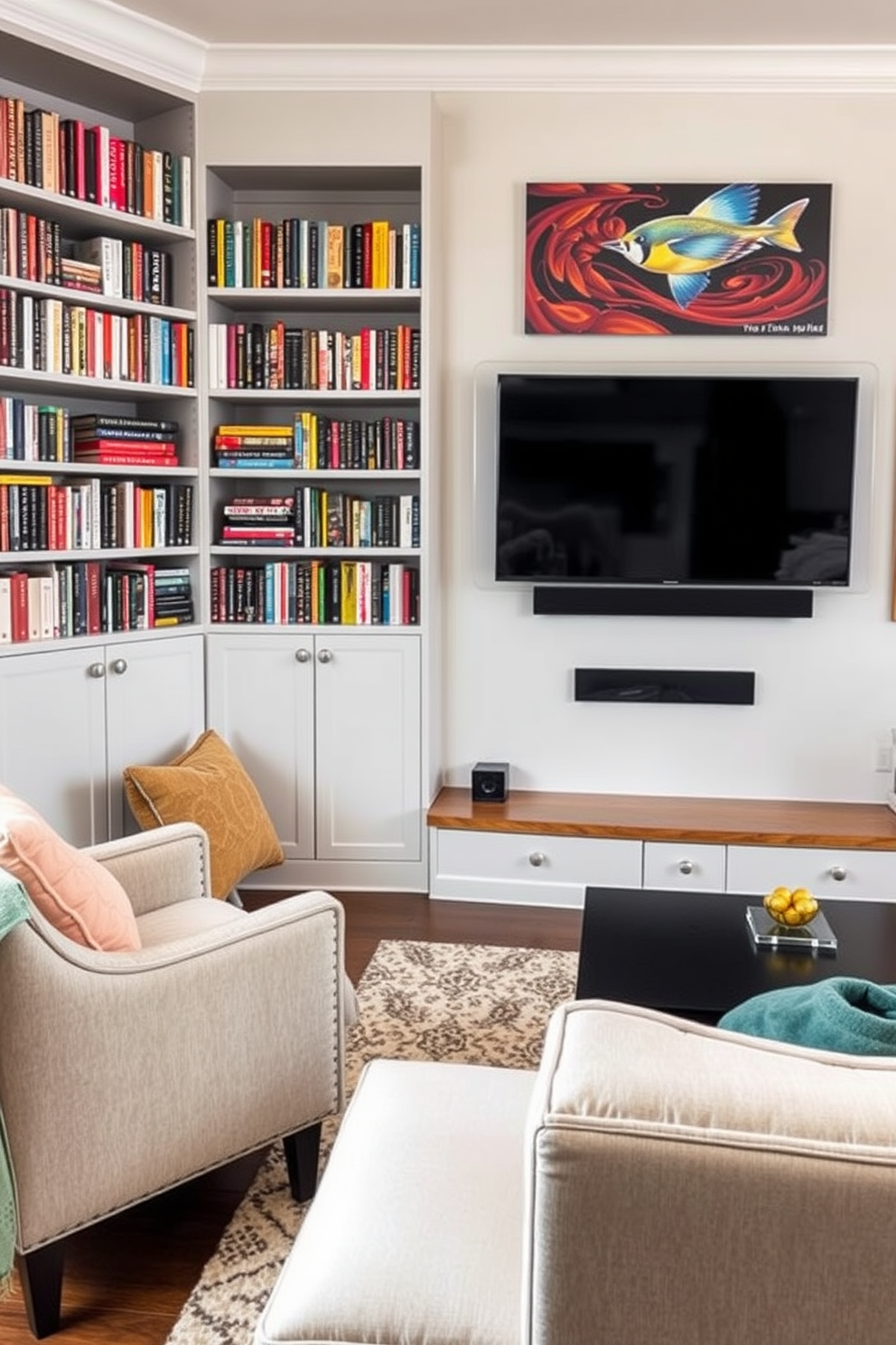 Cozy reading nook for downtime relaxation. A plush armchair is positioned next to a tall bookshelf filled with colorful novels, and a soft throw blanket drapes over the armrest. Home game room design ideas. The space features a large sectional sofa facing a wall-mounted flat-screen TV, with a sleek coffee table in front and vibrant artwork adorning the walls.