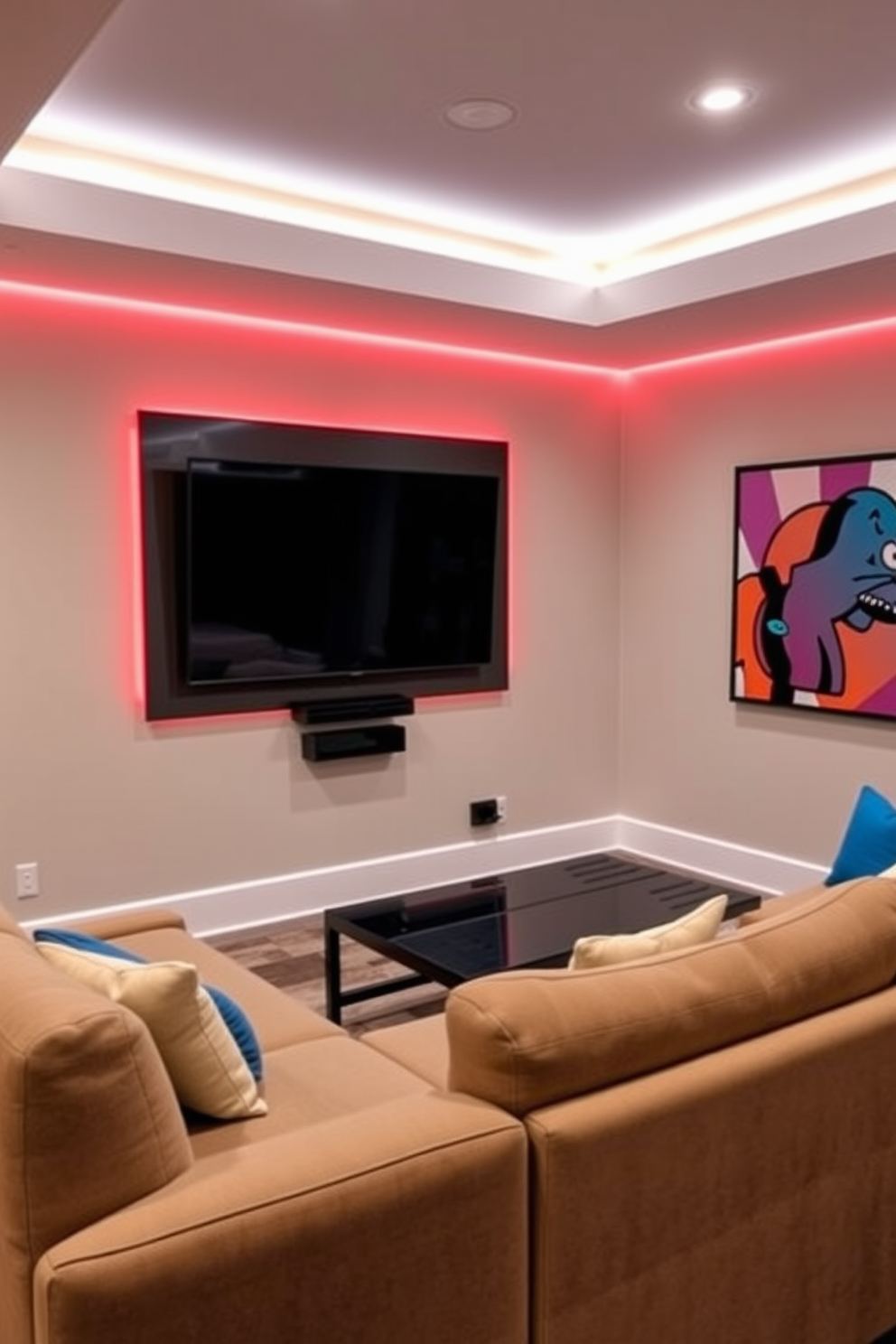 A stylish game room featuring a wall-mounted TV positioned at the perfect viewing angle for comfortable seating. The room includes a plush sectional sofa, a sleek coffee table, and vibrant artwork that enhances the atmosphere of fun and relaxation.