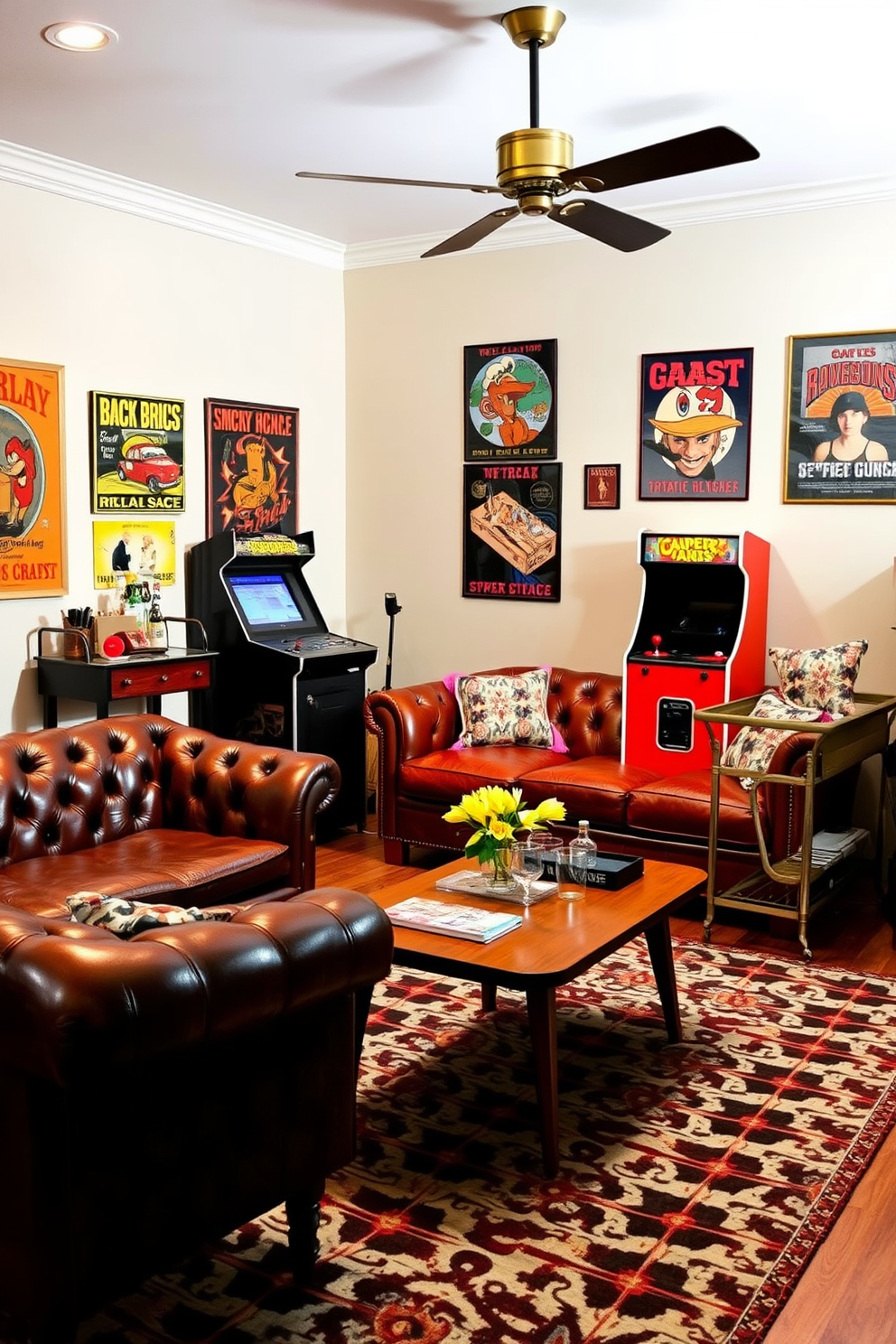 A cozy game room featuring retro furniture pieces that evoke a vintage feel. The room includes a classic leather sofa with tufted detailing, a mid-century coffee table, and a vintage arcade machine in the corner. The walls are adorned with nostalgic posters and a bold patterned rug anchors the space. A stylish bar cart with retro glassware adds charm, while warm lighting creates an inviting atmosphere for game nights.