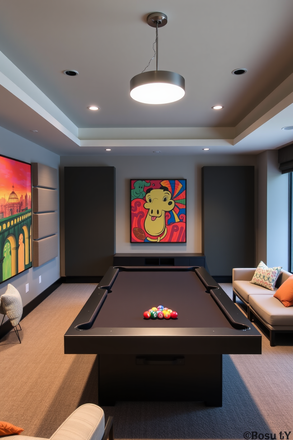 A contemporary home game room featuring acoustic panels strategically placed on the walls to enhance sound control. The room includes a sleek pool table at the center, surrounded by comfortable seating and vibrant artwork that reflects a playful atmosphere.