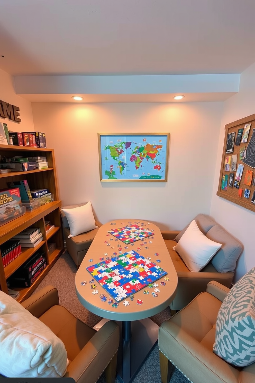 A cozy puzzle corner designed for relaxation and creativity. The space features a dedicated table with ample surface area for assembling puzzles, surrounded by comfortable seating options. Soft lighting enhances the inviting atmosphere, with shelves nearby displaying completed puzzles and game supplies. The walls are adorned with playful artwork and a corkboard for showcasing puzzle achievements.