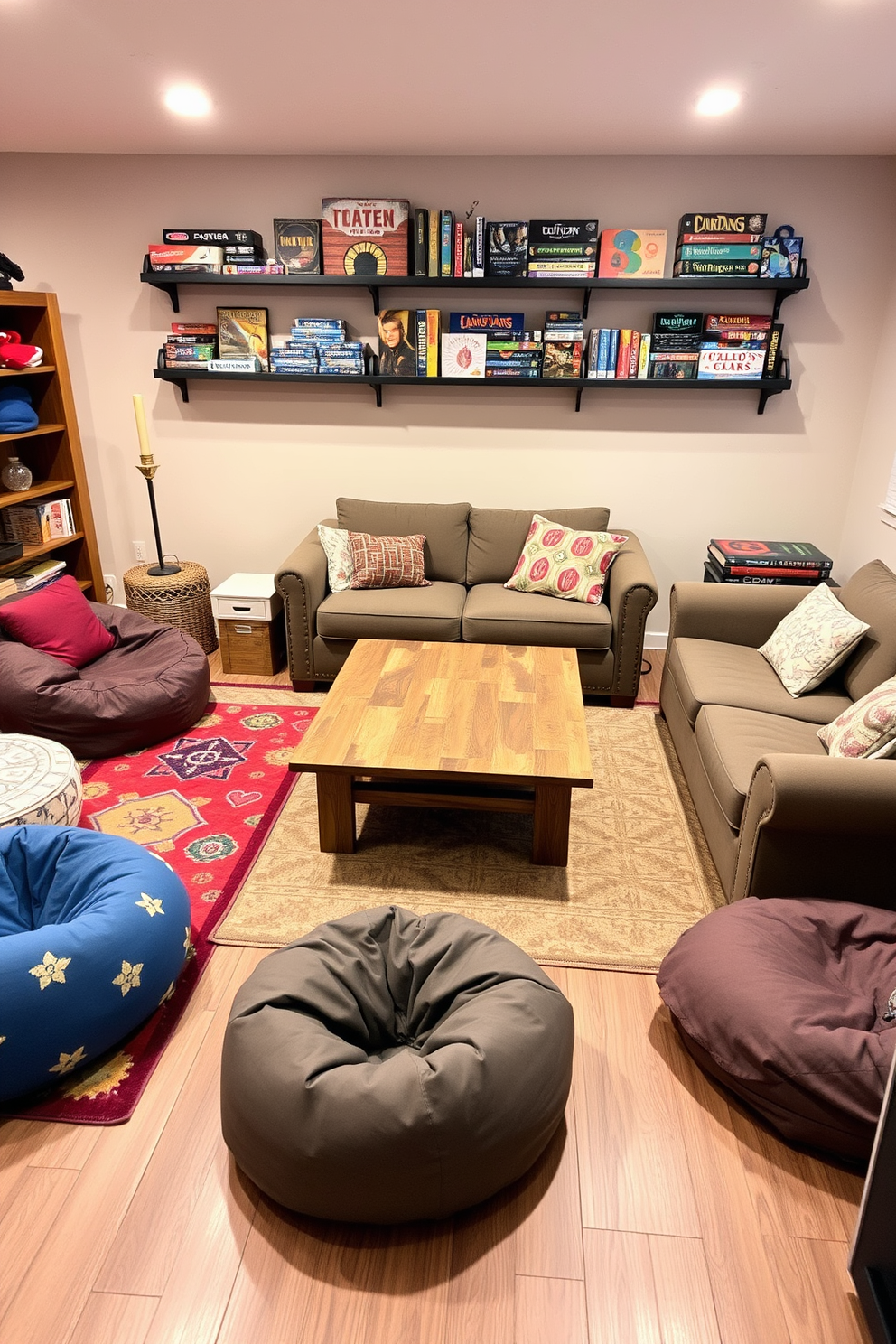 A cozy game room designed for relaxation and entertainment. Themed rugs featuring playful patterns and vibrant colors anchor the seating area, creating a cohesive look. Comfortable sofas and bean bags are arranged around a central coffee table made of reclaimed wood. Wall-mounted shelves display board games and collectibles, adding personality to the space.