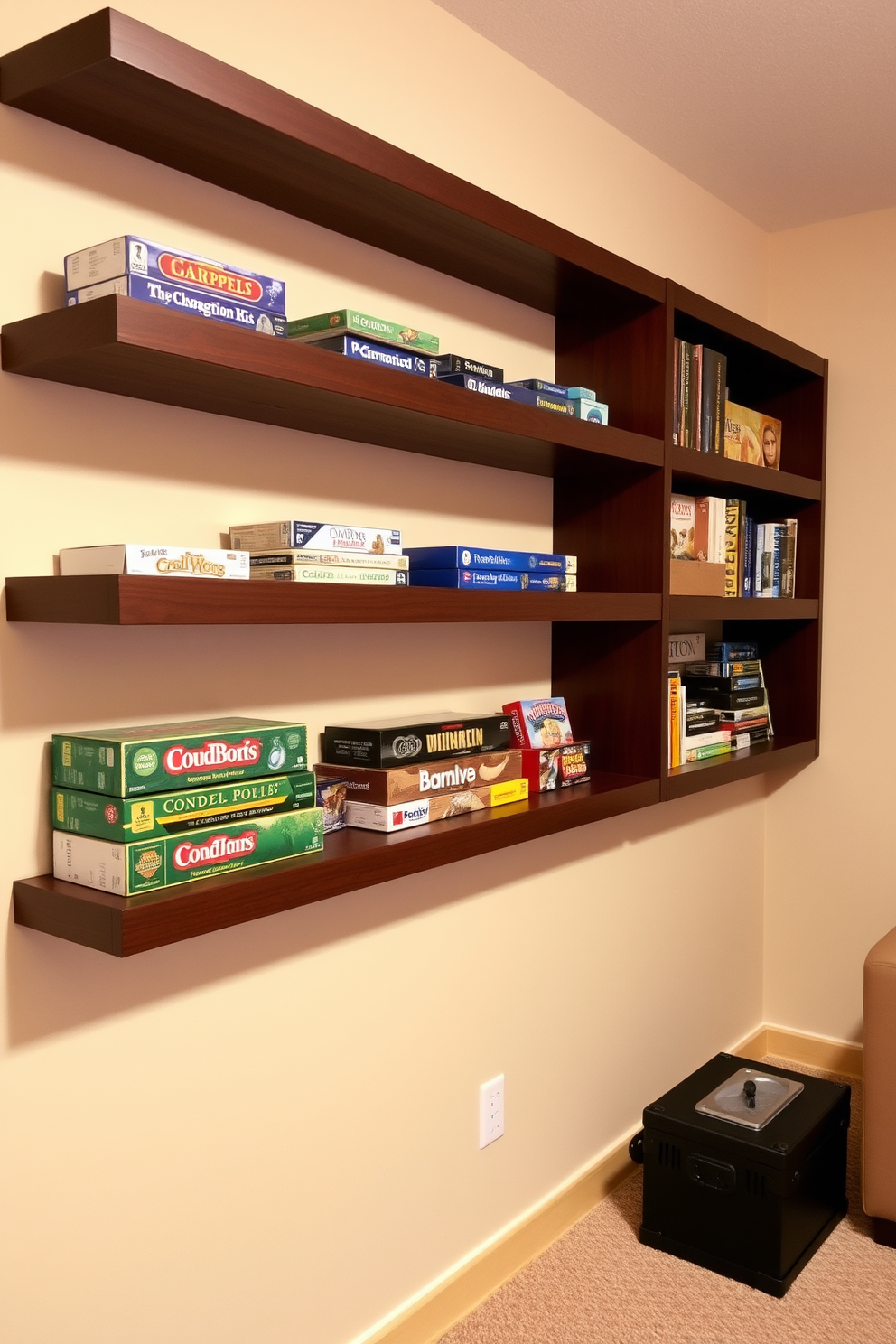 A cozy home game room featuring wall-mounted shelves designed specifically for board game storage. The shelves are crafted from dark wood, providing a warm contrast to the light-colored walls, and are filled with neatly organized board games and colorful game boxes.