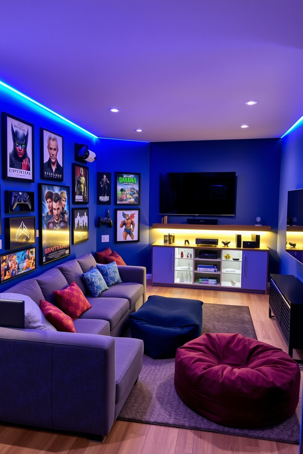 A vibrant home game room features a dedicated wall for displaying gaming memorabilia, showcasing framed posters, action figures, and collectibles that reflect personal interests. The room is designed with comfortable seating, including a plush sectional sofa and bean bags, creating a cozy atmosphere for gaming sessions with friends. The walls are painted in a deep blue hue, complemented by LED strip lighting that adds a modern touch. A sleek gaming console unit sits against one wall, with shelves for games and accessories, while a large screen dominates the opposite wall for an immersive gaming experience.